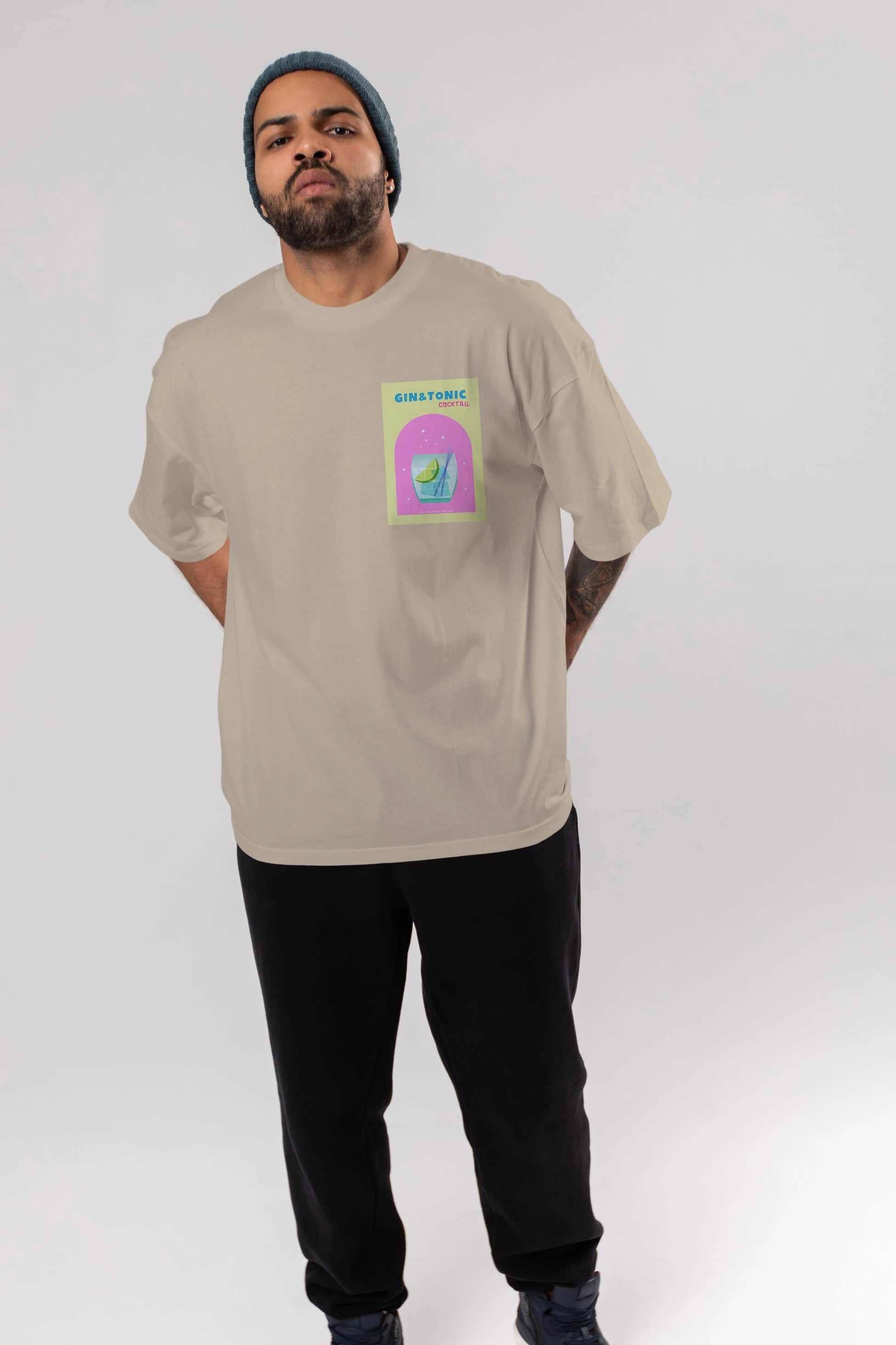 Gin Tonic Cocktail Ön Sol Baskılı Oversize t-shirt Erkek Kadın Unisex %100 Pamuk Bisiklet Yaka tişort