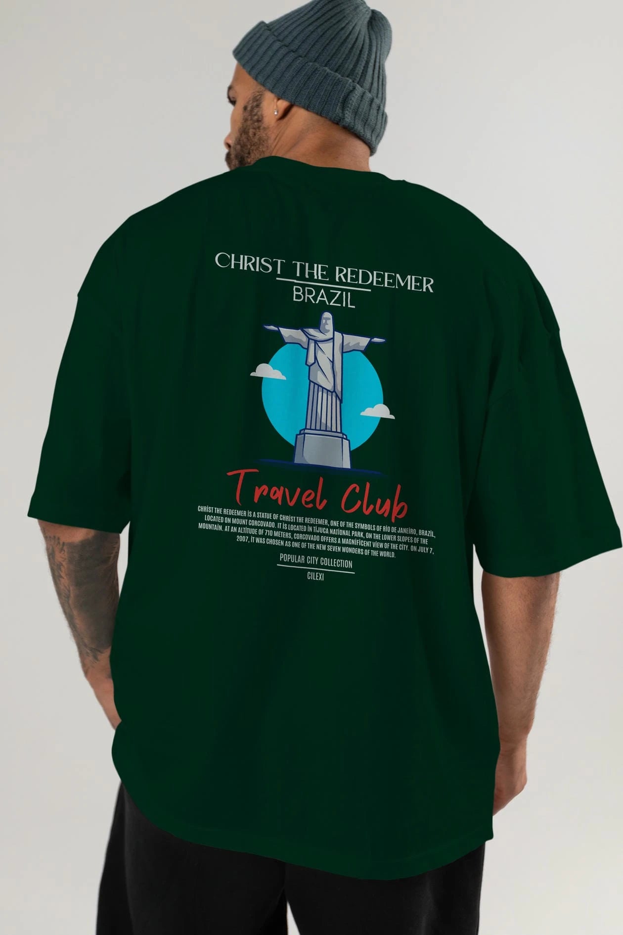 Christ The Redeemer Brazil Arka Baskılı Oversize t-shirt Erkek Kadın Pamuk Bisiklet Yaka tişort