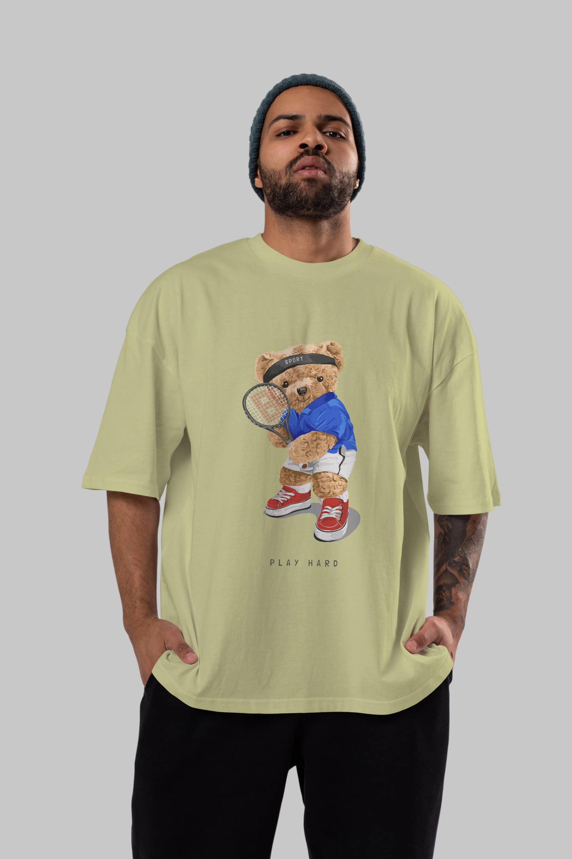 Teddy Bear Play Hard Ön Baskılı Oversize t-shirt Erkek Kadın Unisex %100 Pamuk