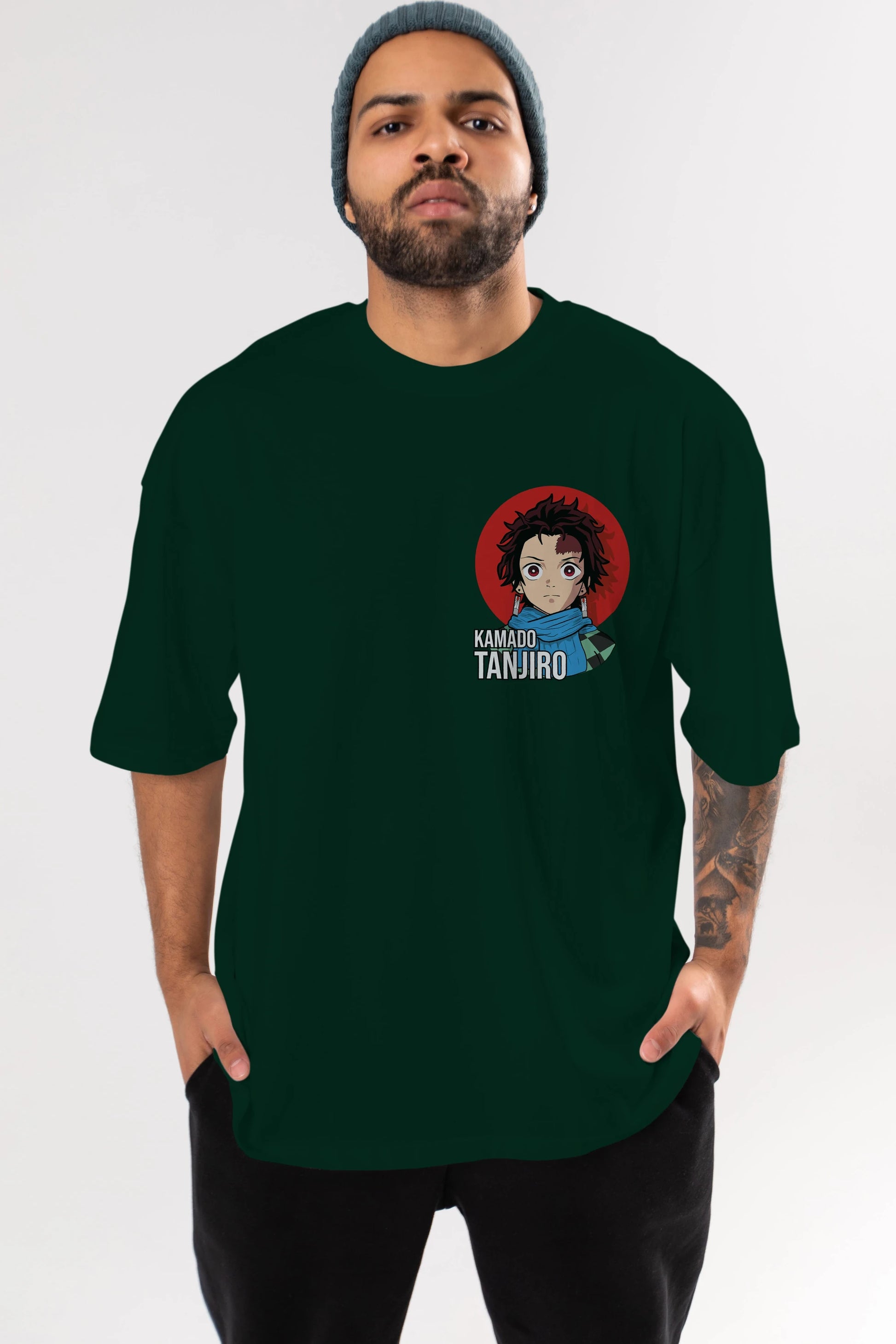 TANJIRO KAMADO Ön Sol Baskılı Oversize t-shirt Erkek Kadın Unisex %100 Pamuk Bisiklet Yaka tişort