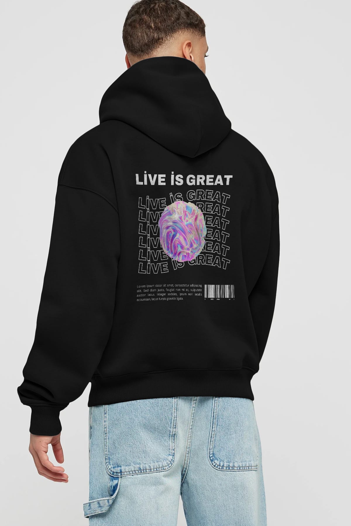 Live is Great Yazılı Arka Baskılı Oversize Hoodie Kapüşonlu Sweatshirt Erkek Kadın Unisex