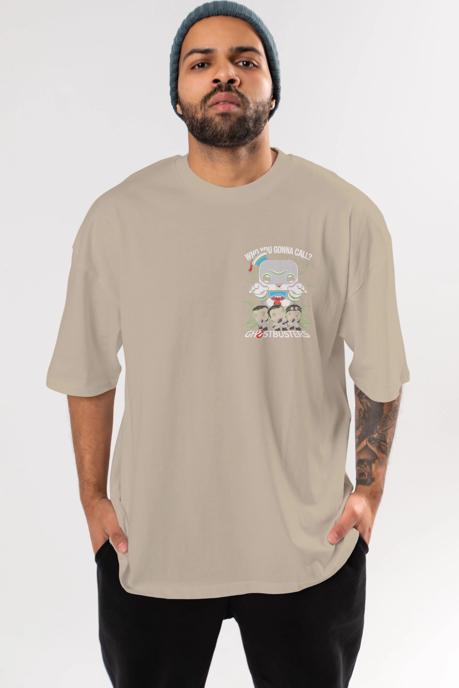 Ghostbusters Ön Sol Baskılı Oversize t-shirt Erkek Kadın Unisex %100 Pamuk Bisiklet Yaka tişort