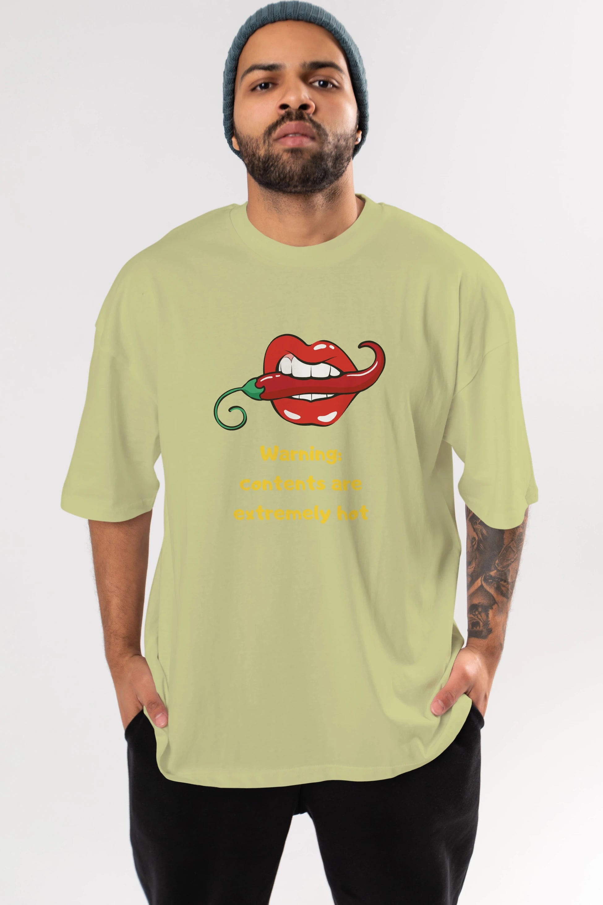 Warning Contents Yazılı Ön Baskılı Oversize t-shirt Erkek Kadın Unisex