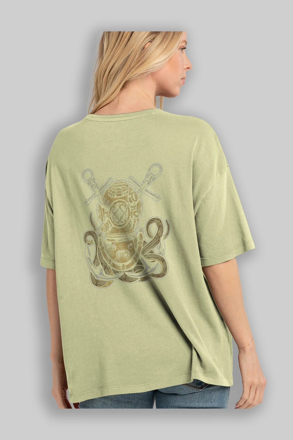 Diver Octopus Arka Baskılı Oversize t-shirt Erkek Kadın Unisex %100 Pamuk