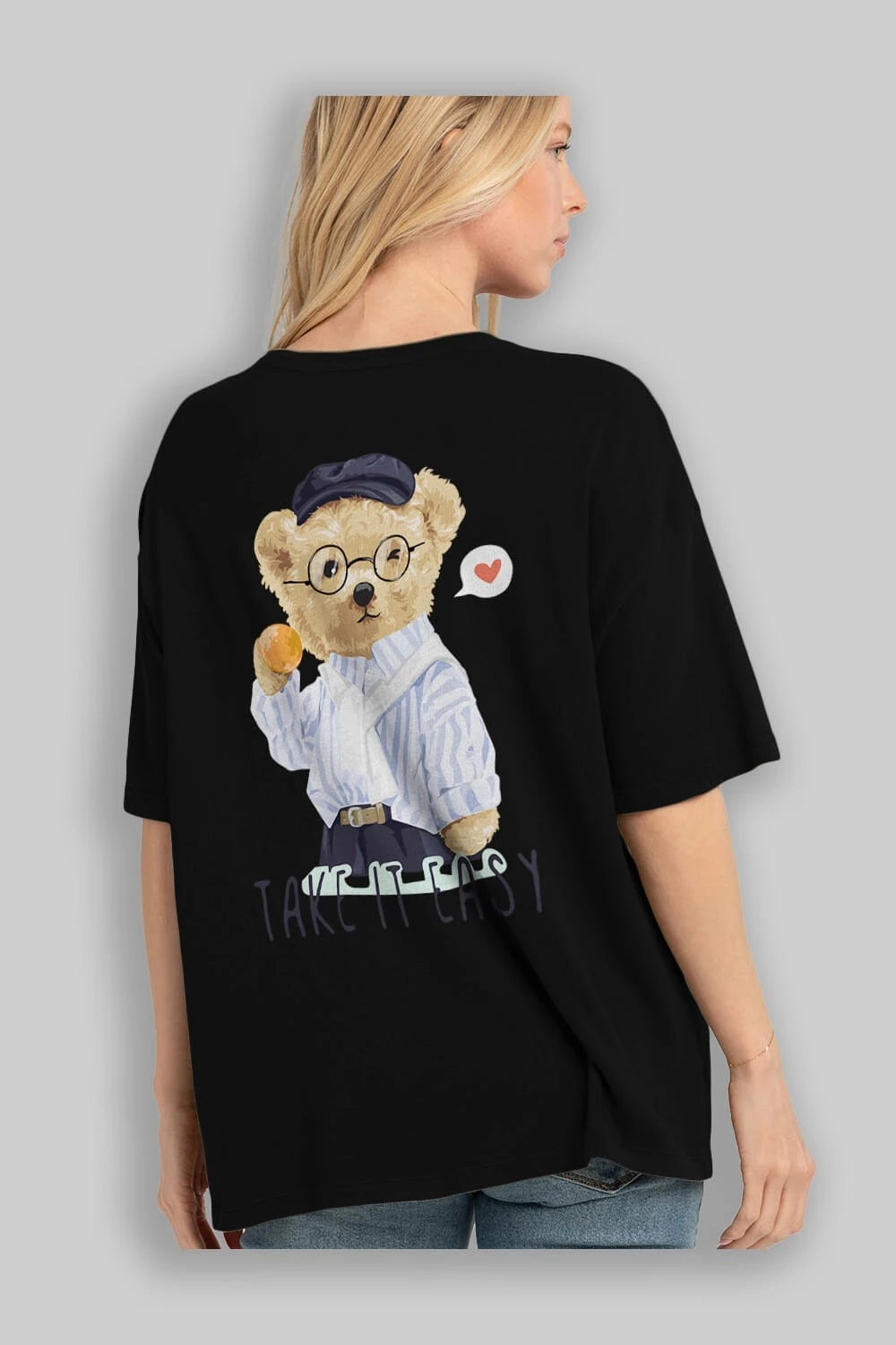 Teddy Bear Take it Easy Arka Baskılı Oversize t-shirt Erkek Kadın Unisex %100 Pamuk