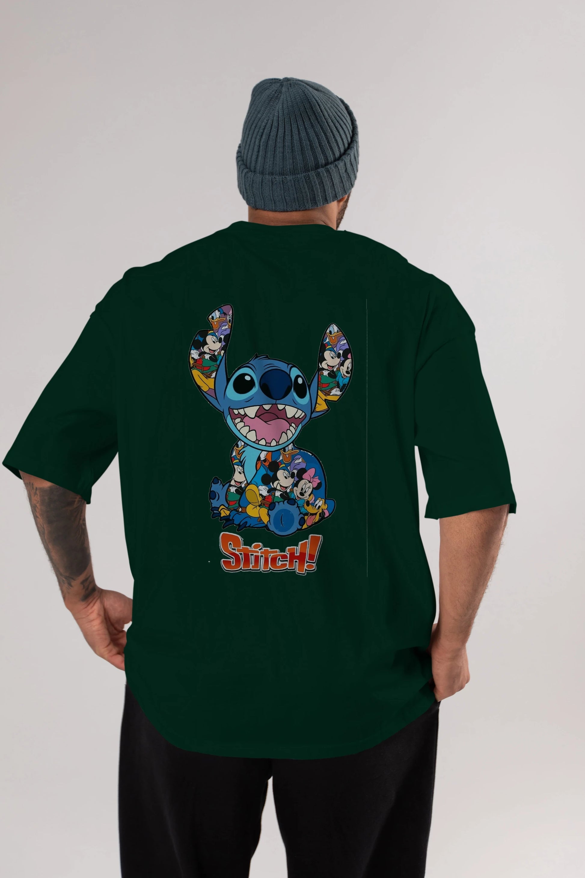 Stitch Arka Baskılı Oversize t-shirt Erkek Kadın Unisex %100 Pamuk Bisiklet Yaka tişort
