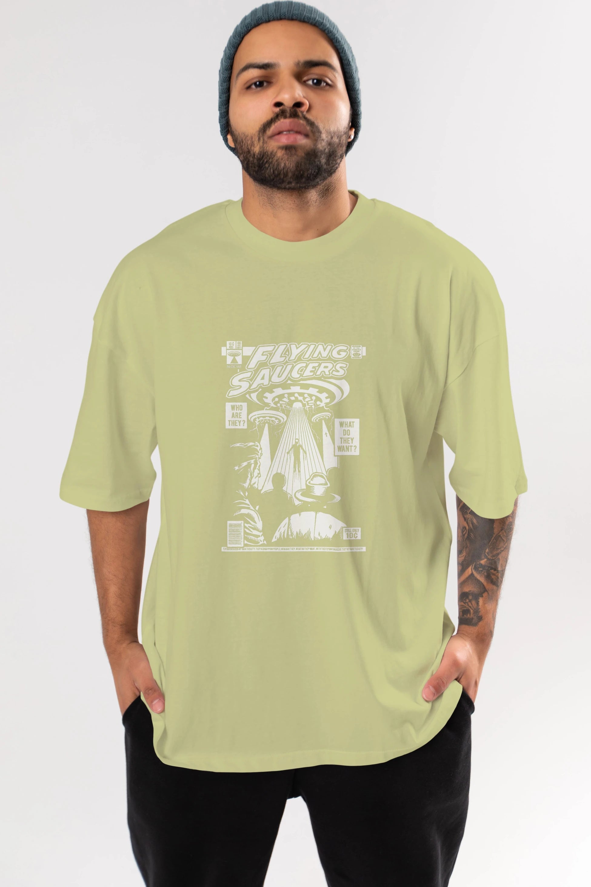 UFO Ön Baskılı Oversize t-shirt Erkek Kadın Unisex %100 Pamuk tişort