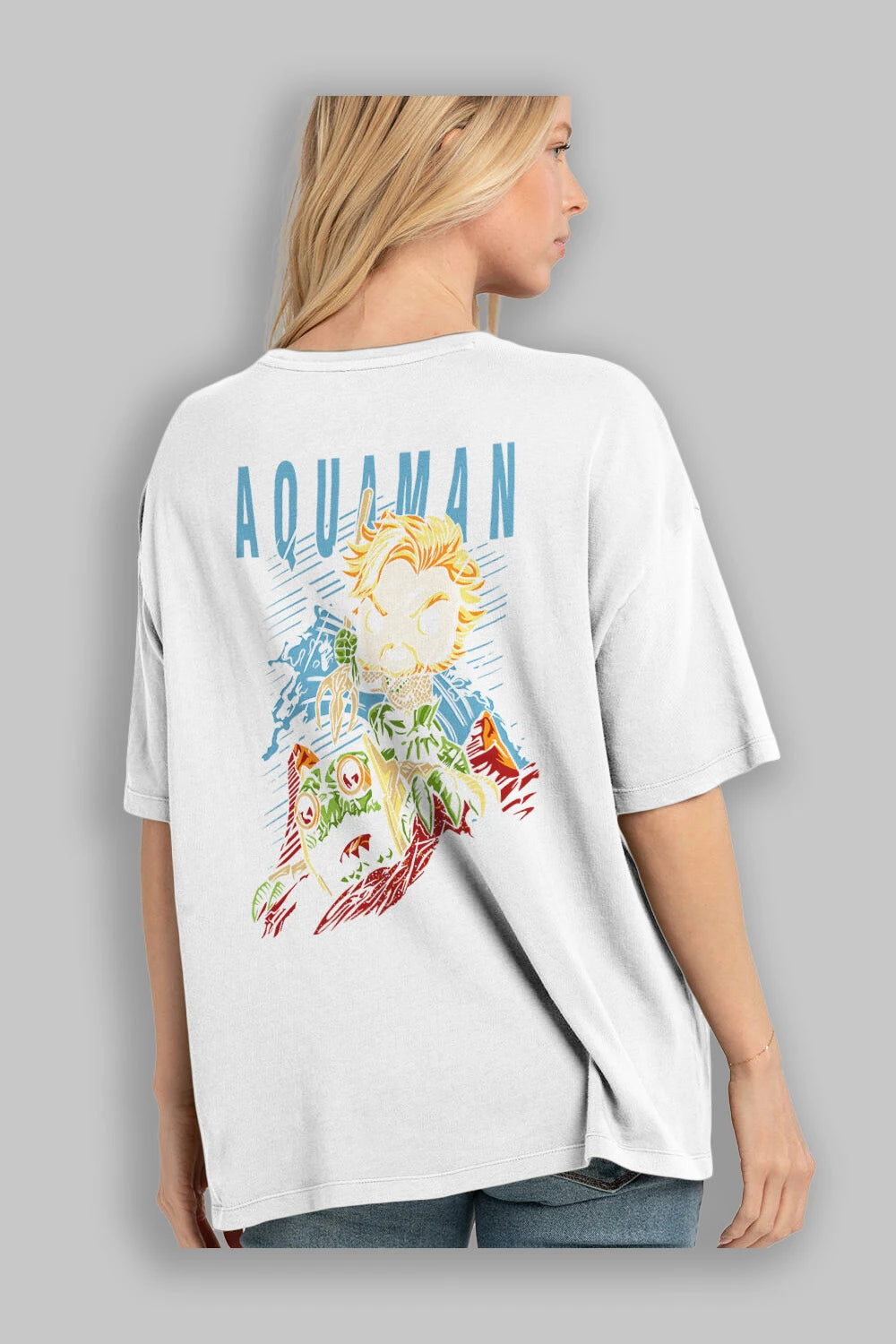 Aquaman Arka Baskılı Oversize t-shirt Erkek Kadın Unisex %100 Pamuk Bisiklet Yaka tişort
