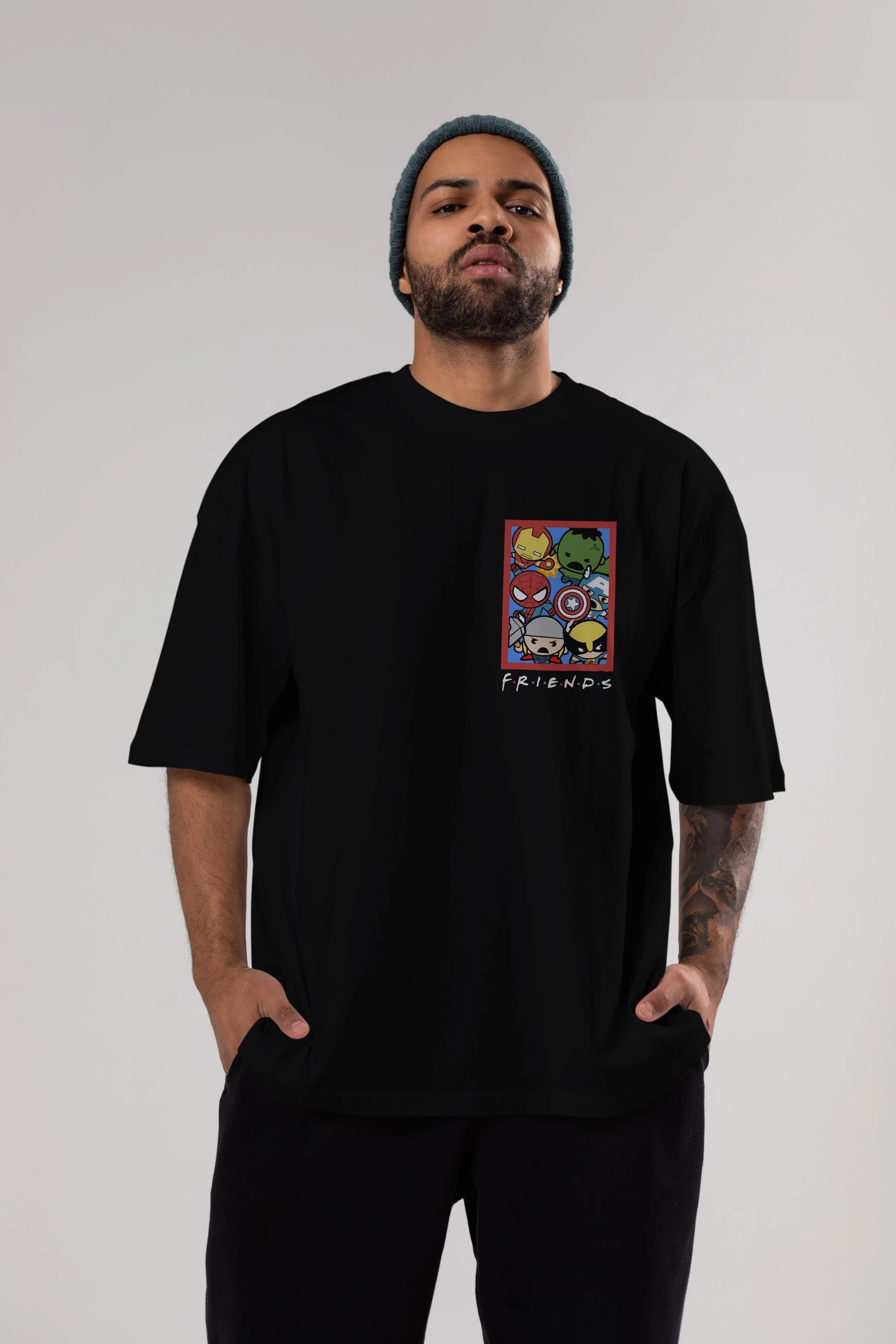 Friends Avenger Ön Sol Baskılı Oversize t-shirt Erkek Kadın Unisex %100 Pamuk Bisiklet Yaka tişort