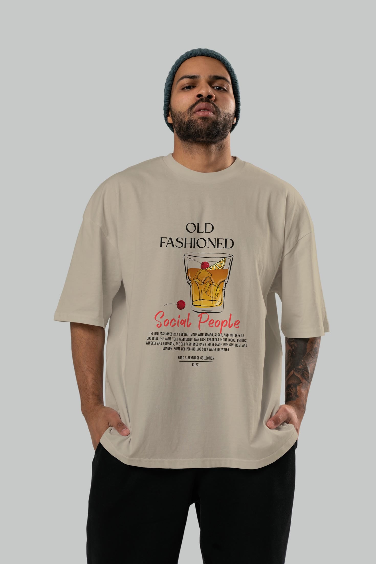 Old Fashıoned Kokteyl Serisi ön Baskılı Oversize t-shirt Erkek Kadın %100 Pamuk Bisiklet Yaka tişort