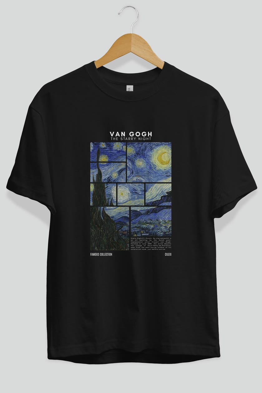 Van Gogh The Starry Night ön Baskılı Oversize t-shirt Erkek Kadın Bisiklet Yaka Pamuk tişort