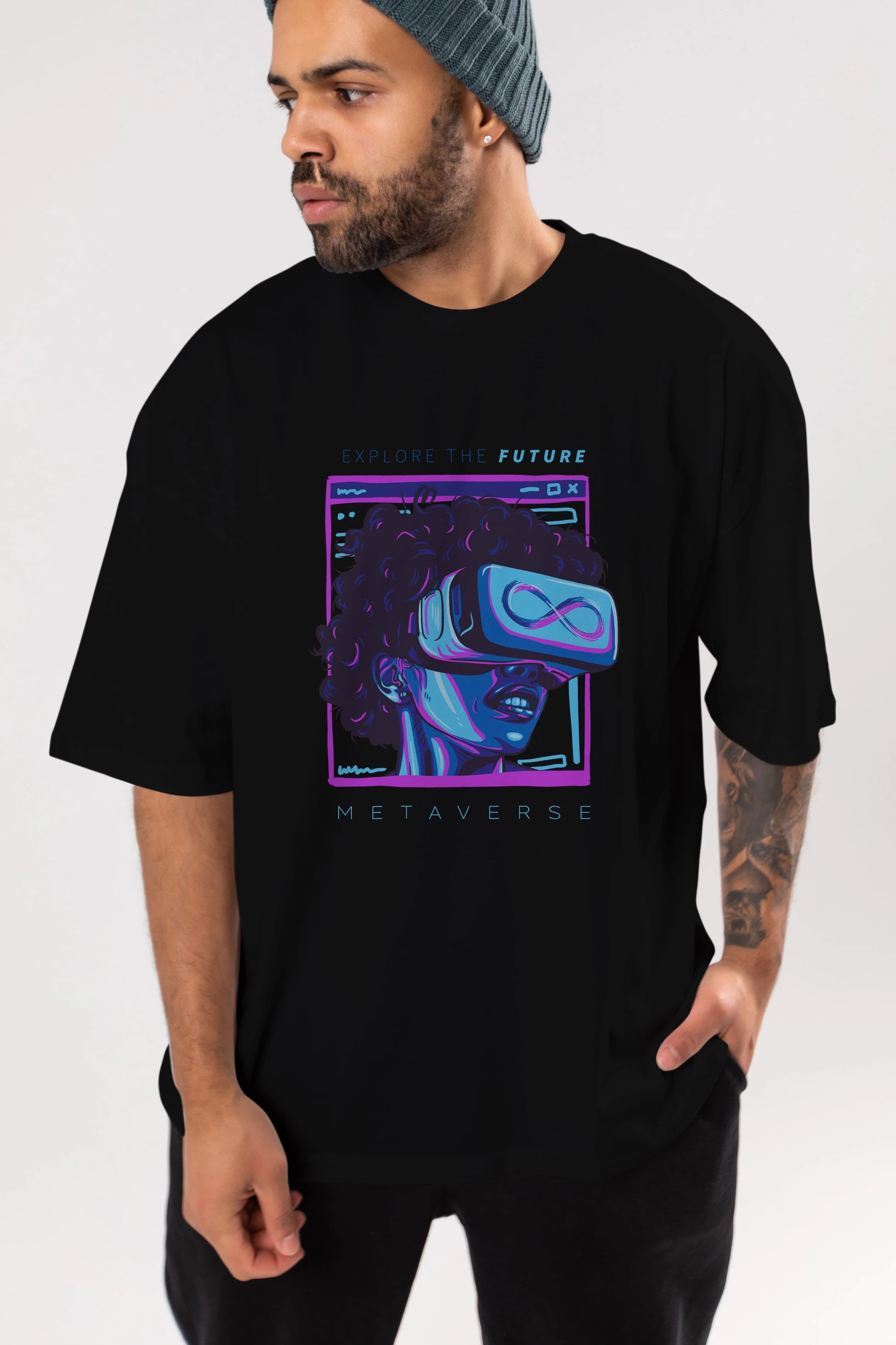Metaverse Ön Baskılı Oversize t-shirt Erkek Kadın Unisex