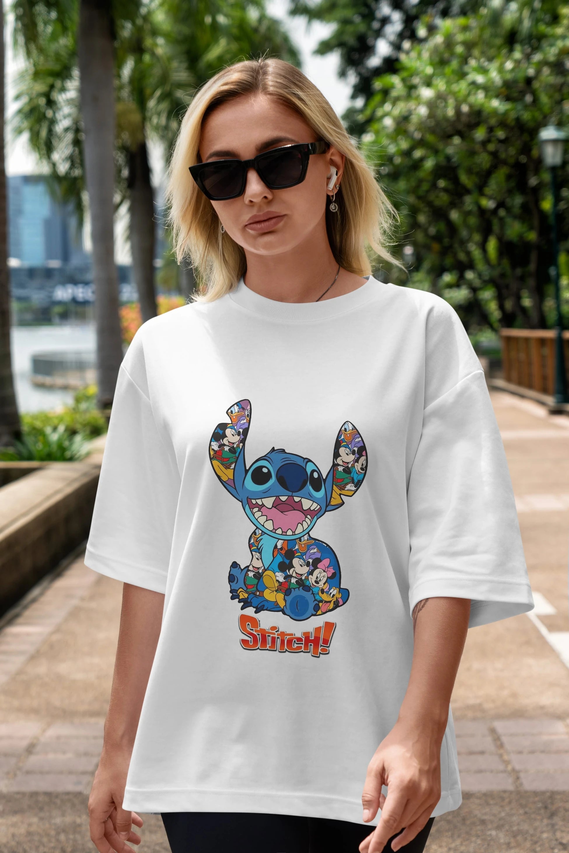 Stitch Ön Baskılı Oversize t-shirt Erkek Kadın Unisex %100 Pamuk Bisiklet Yaka tişort