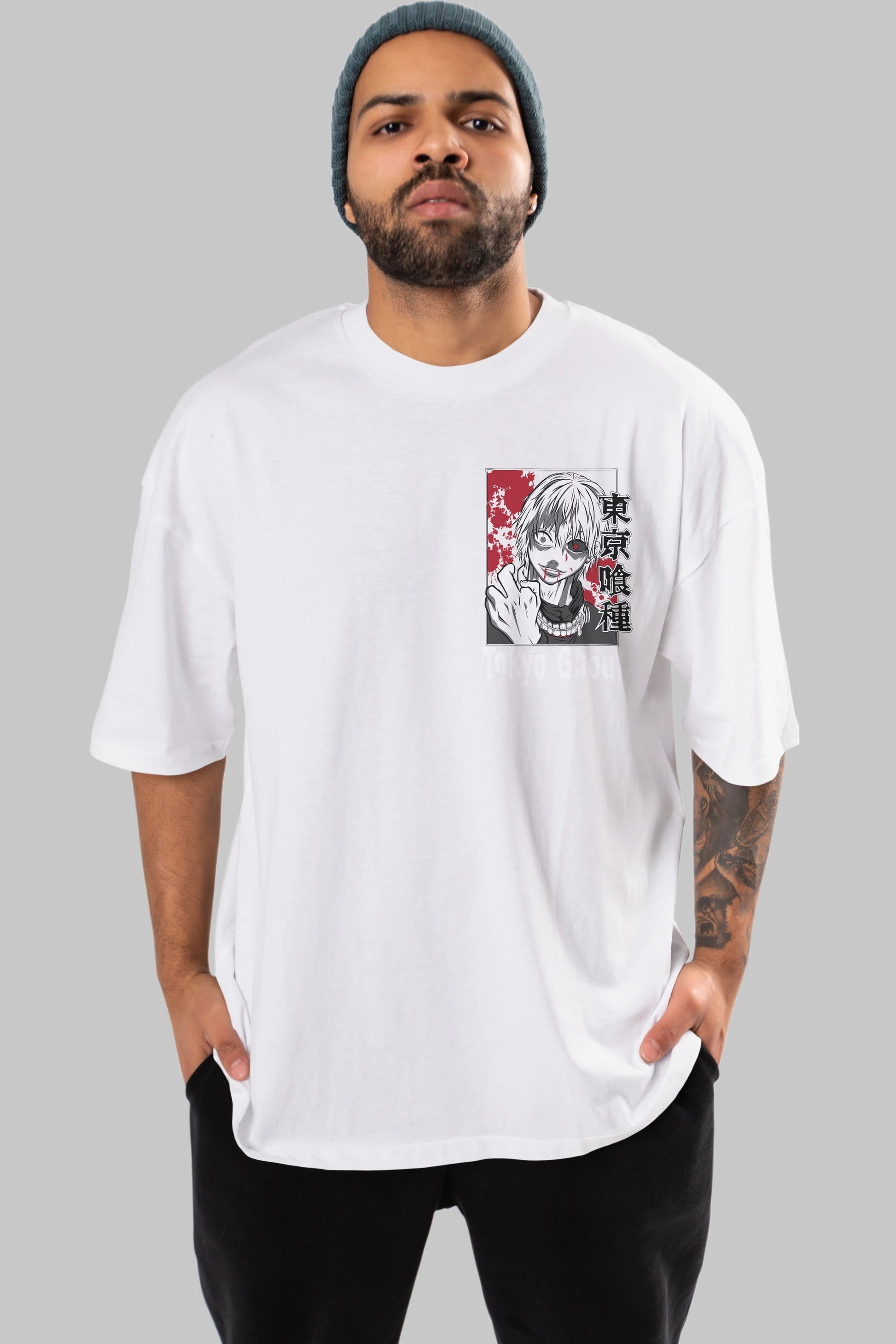 Kaneki Ken TOKYO GHOUL Ön Sol Baskılı Oversize t-shirt Erkek Kadın Unisex %100 Pamuk Bisiklet Yaka tişort