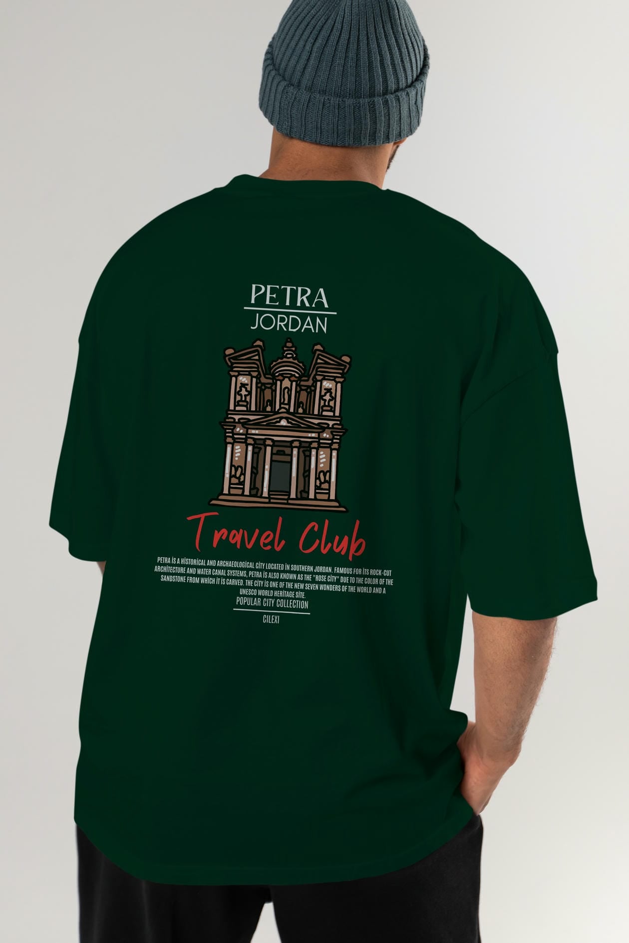 Petra Jordan Arka Baskılı Oversize t-shirt Erkek Kadın Pamuk Bisiklet Yaka tişort