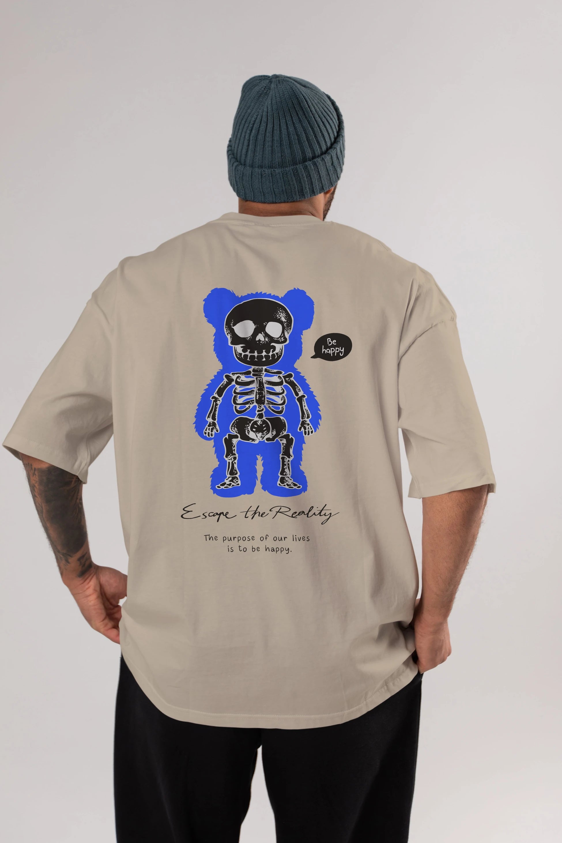 Be Happy Bear Arka Baskılı Oversize t-shirt Erkek Kadın Unisex