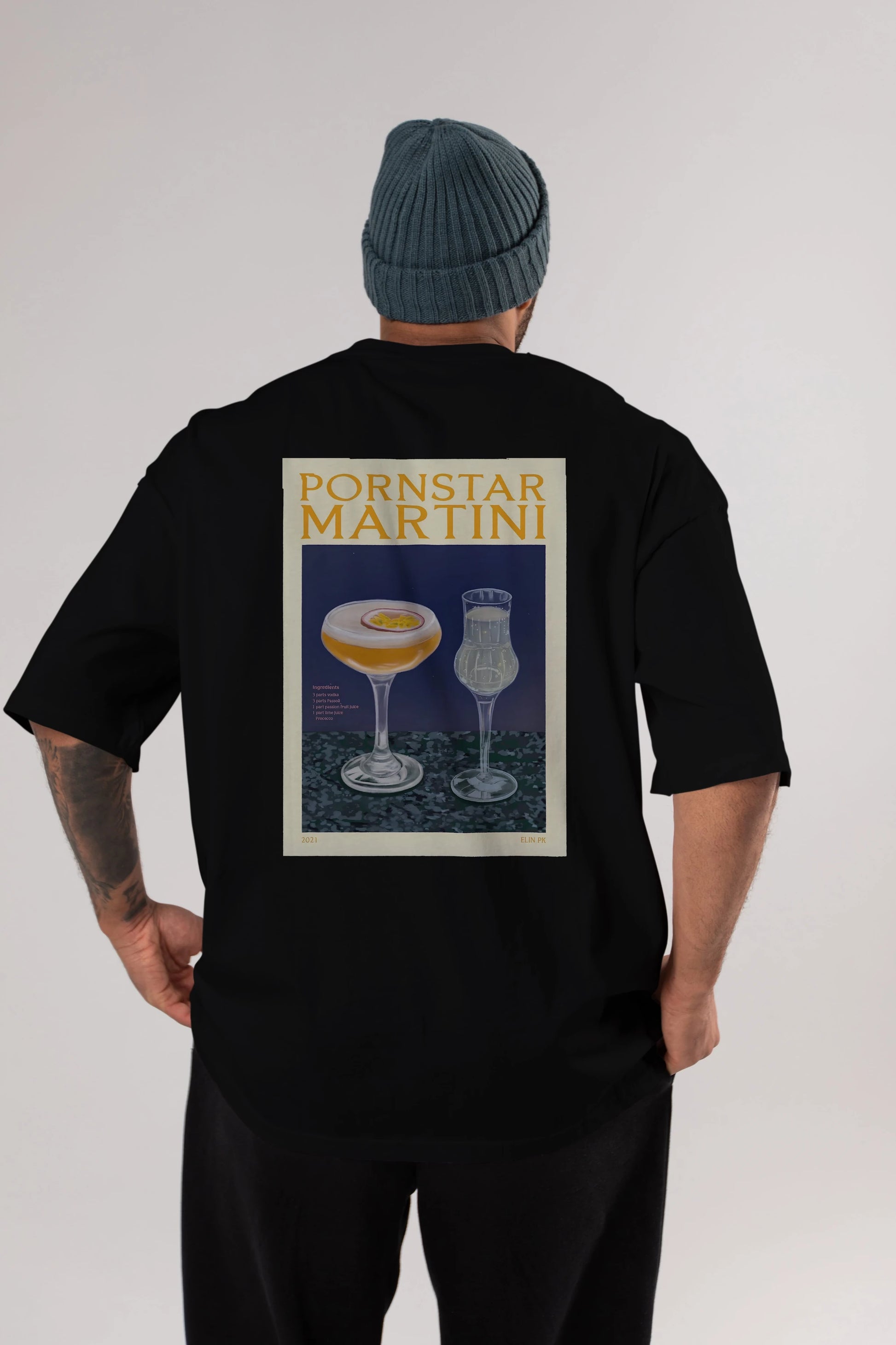 P.rnstar Martini Arka Baskılı Oversize t-shirt Erkek Kadın Unisex %100 Pamuk Bisiklet Yaka tişort