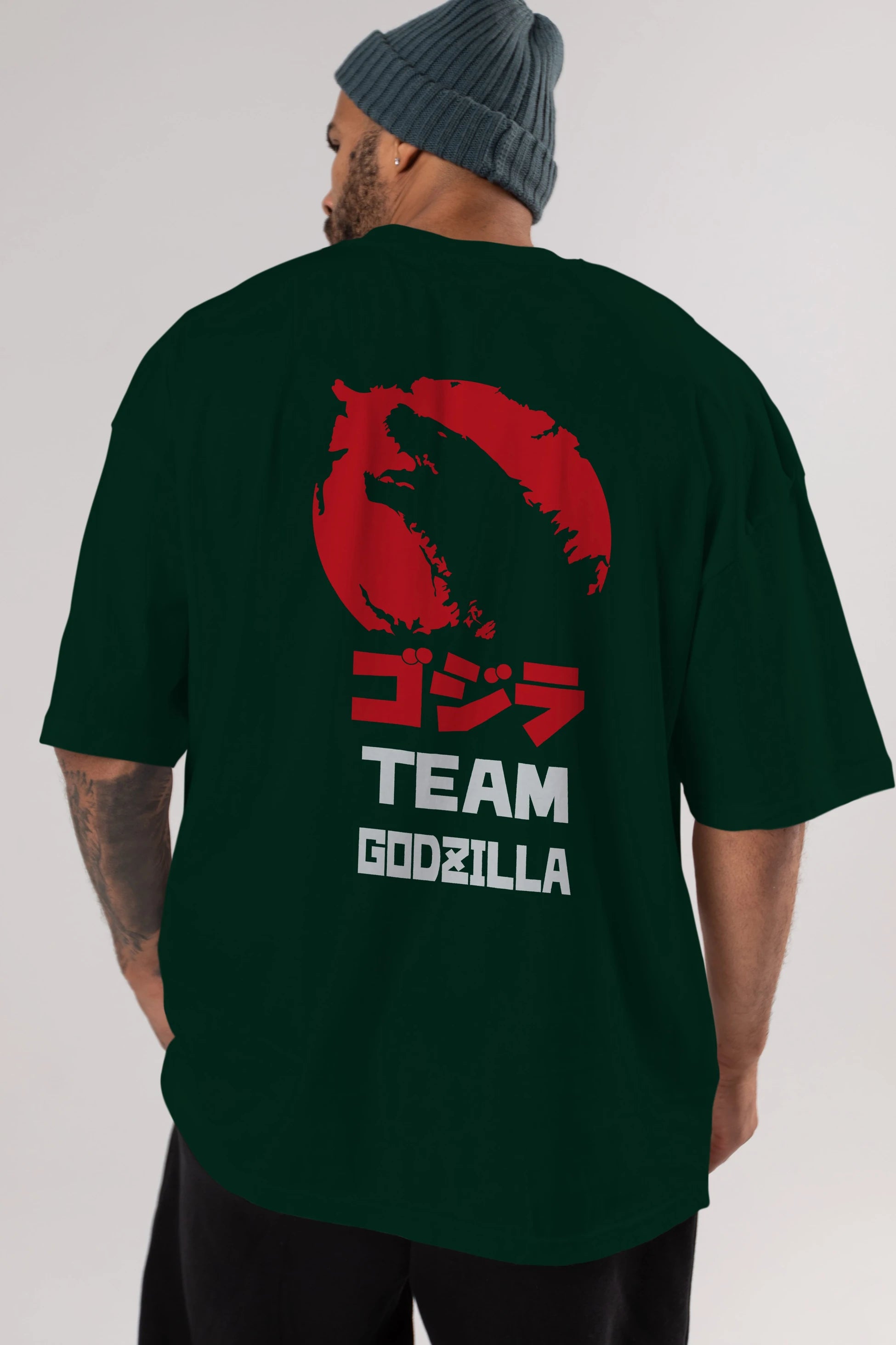 Team Godzilla Arka Baskılı Oversize t-shirt Erkek Kadın Unisex %100 Pamuk Bisiklet Yaka tişort