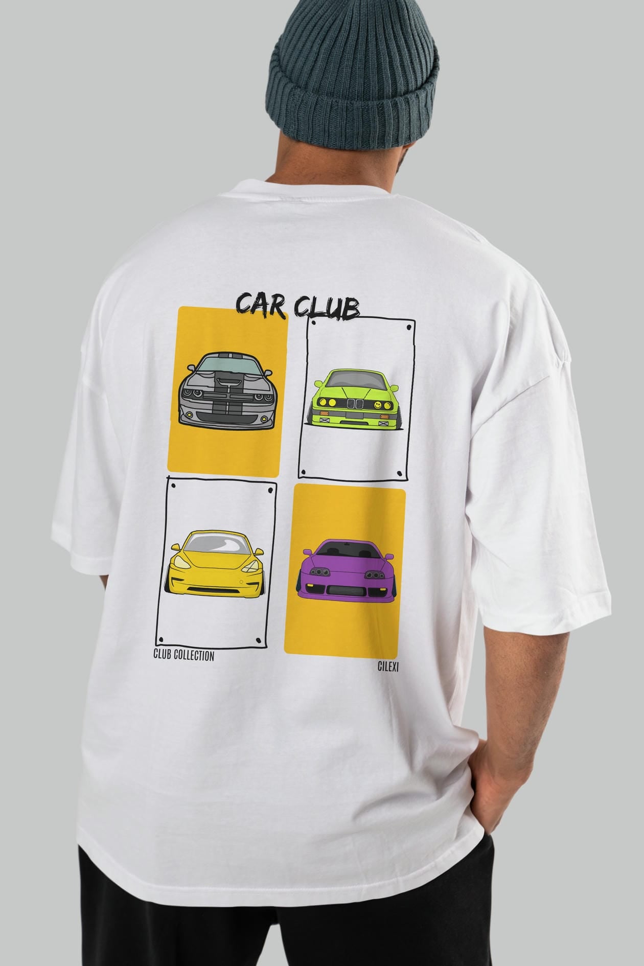 Car Club Arka Baskılı Oversize t-shirt Erkek Kadın %100 Pamuk Bisiklet Yaka tişort