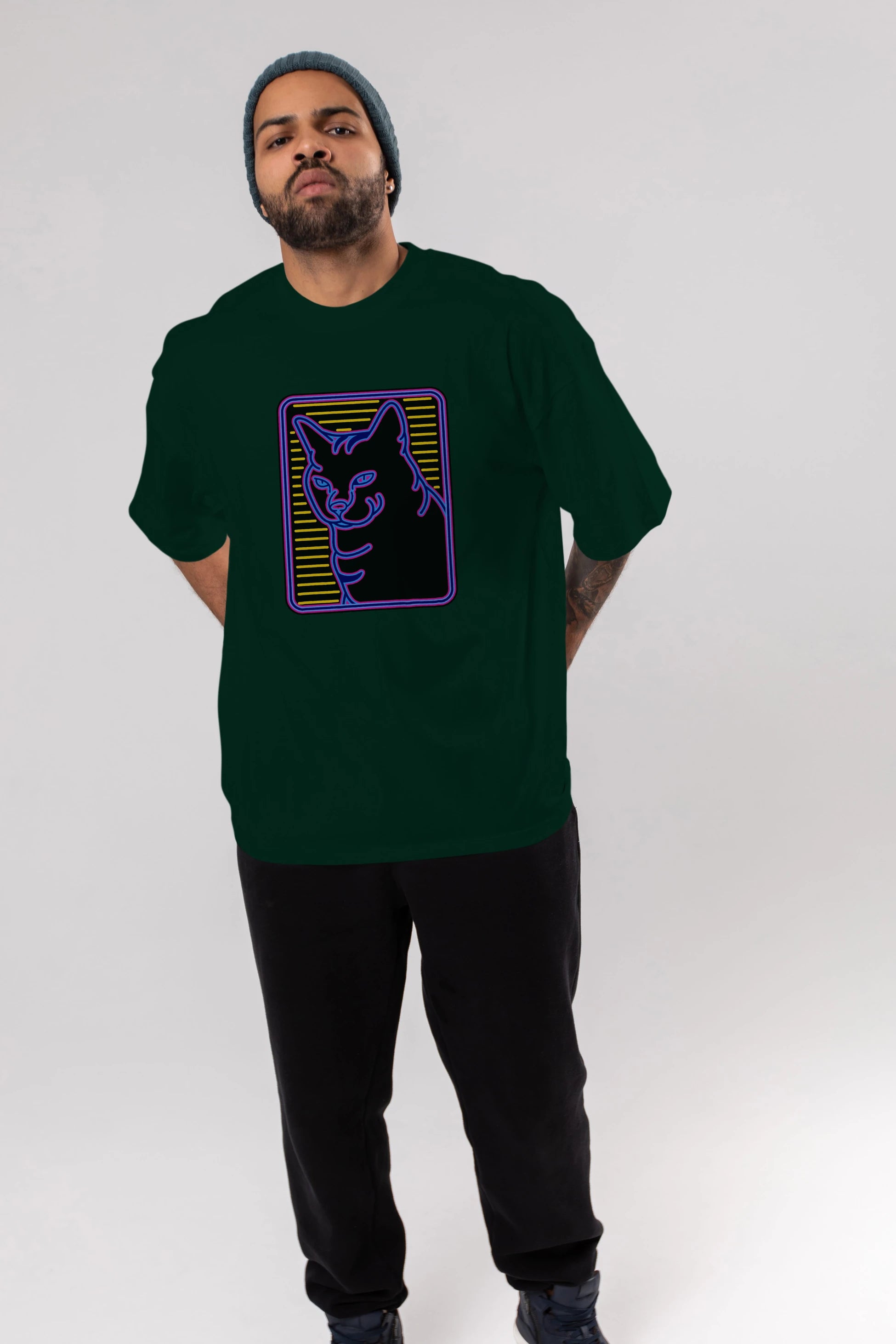 Neon Cat Ön Baskılı Oversize t-shirt Erkek Kadın Unisex