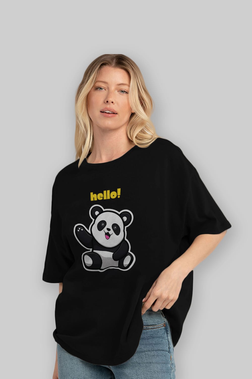 Hello Panda Ön Baskılı Oversize t-shirt Erkek Kadın Unisex