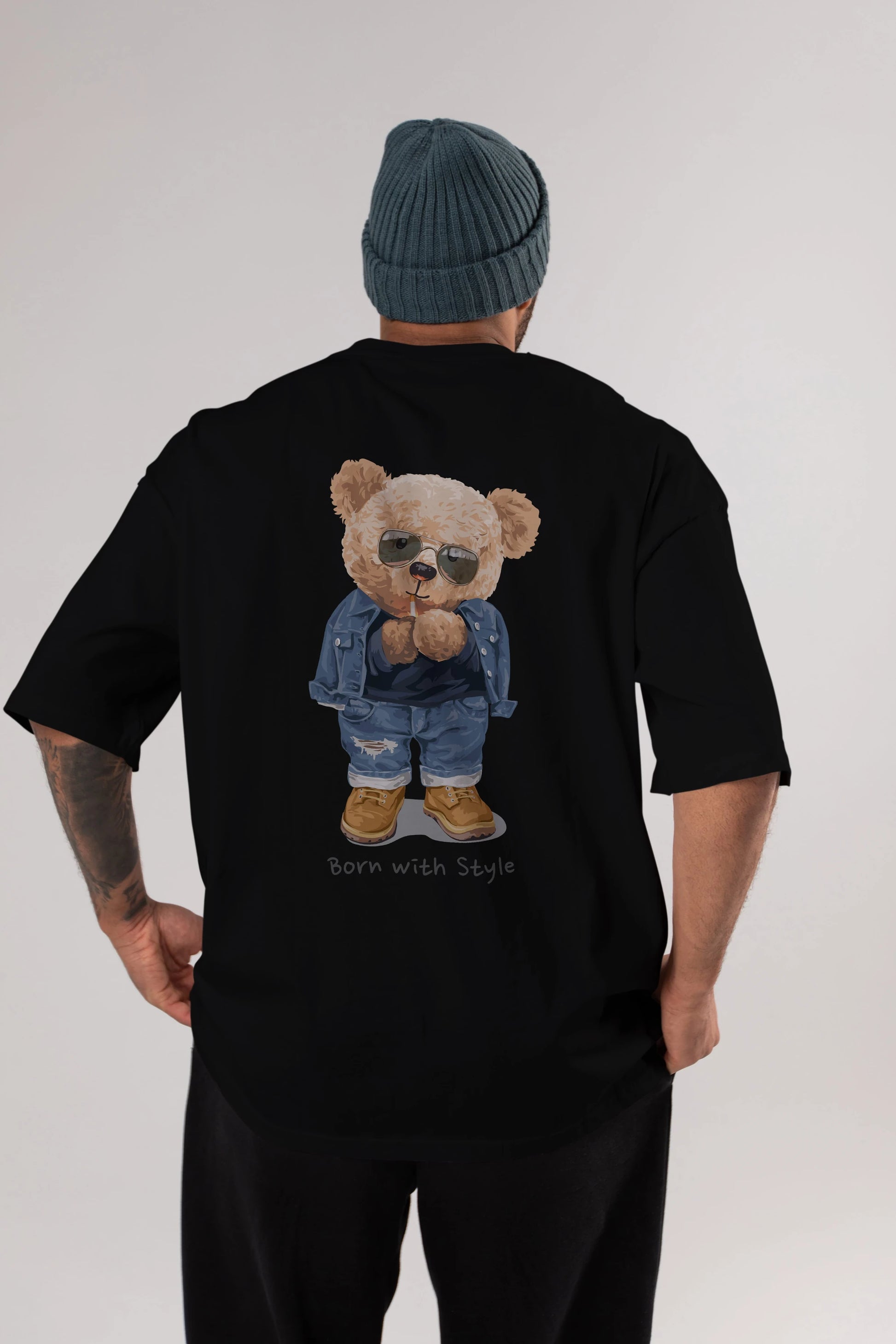 Teddy Bear Born With Style Arka Baskılı Oversize t-shirt Erkek Kadın Unisex %100 Pamuk