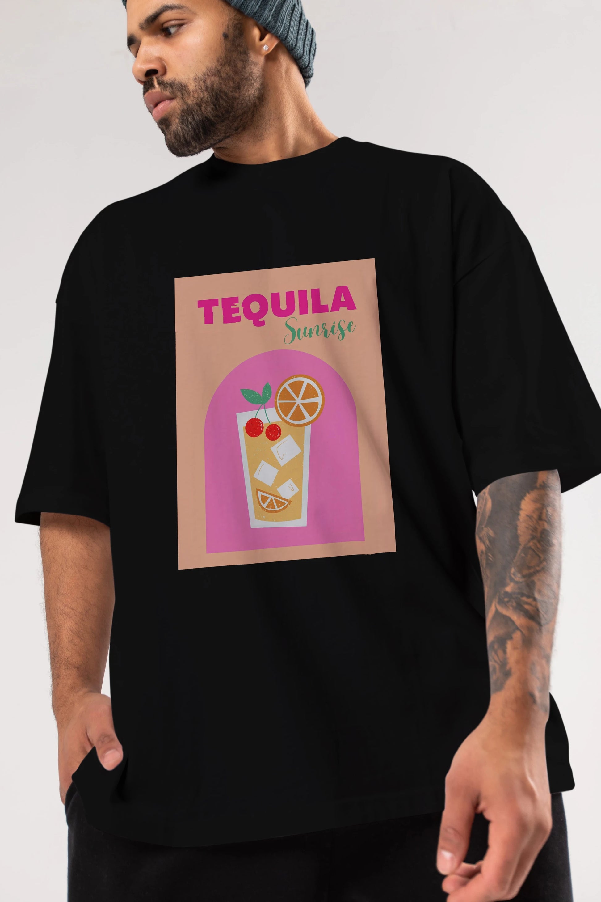 Tequila Sunrise 2 Ön Baskılı Oversize t-shirt Erkek Kadın Unisex %100 Pamuk Bisiklet Yaka tişort