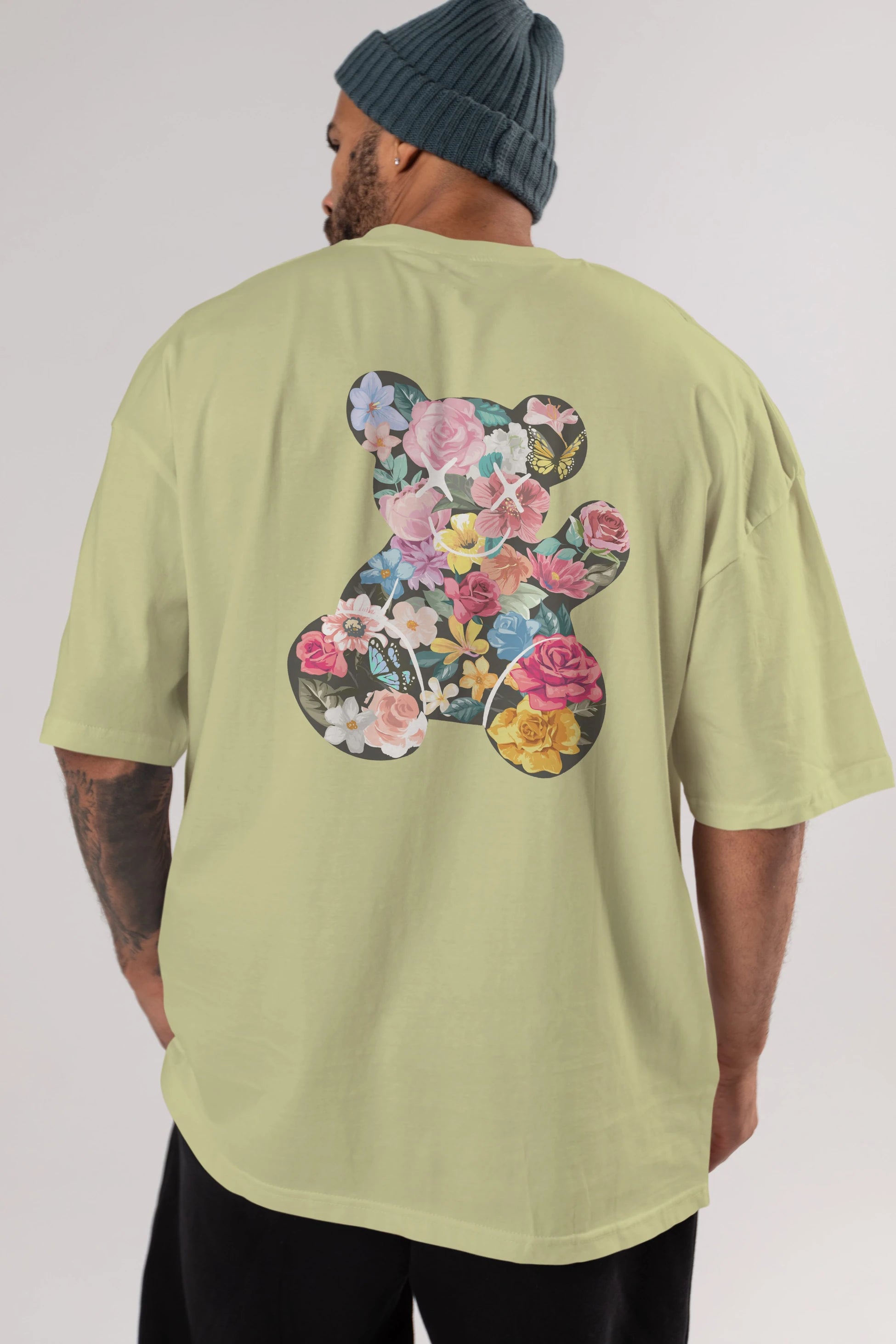 Flowers Bear Arka Baskılı Oversize t-shirt Erkek Kadın Unisex
