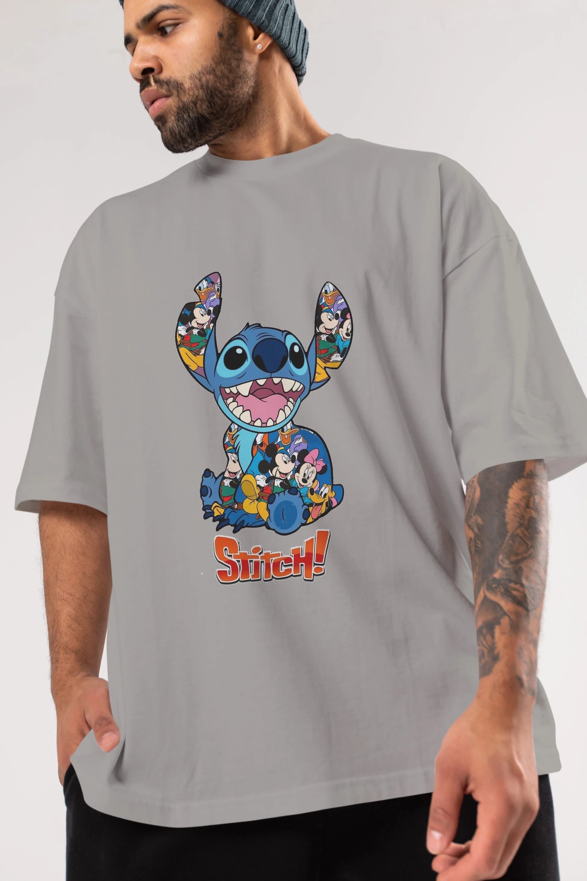 Stitch Ön Baskılı Oversize t-shirt Erkek Kadın Unisex %100 Pamuk Bisiklet Yaka tişort