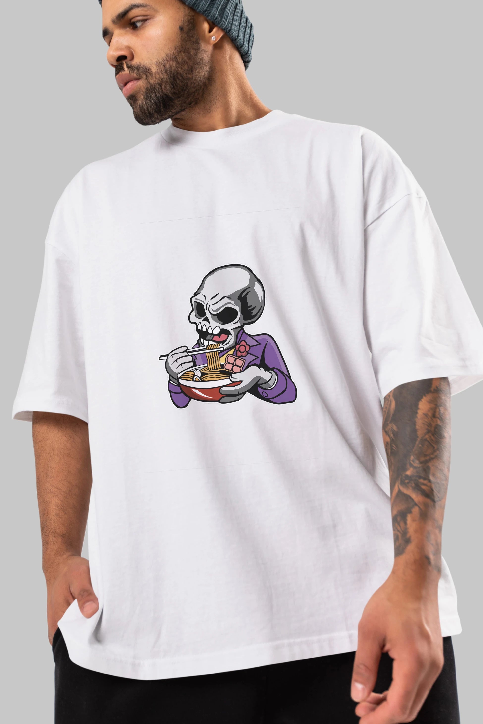 Skull Ramen Ön Baskılı Oversize t-shirt Erkek Kadın Unisex %100 Pamuk tişort