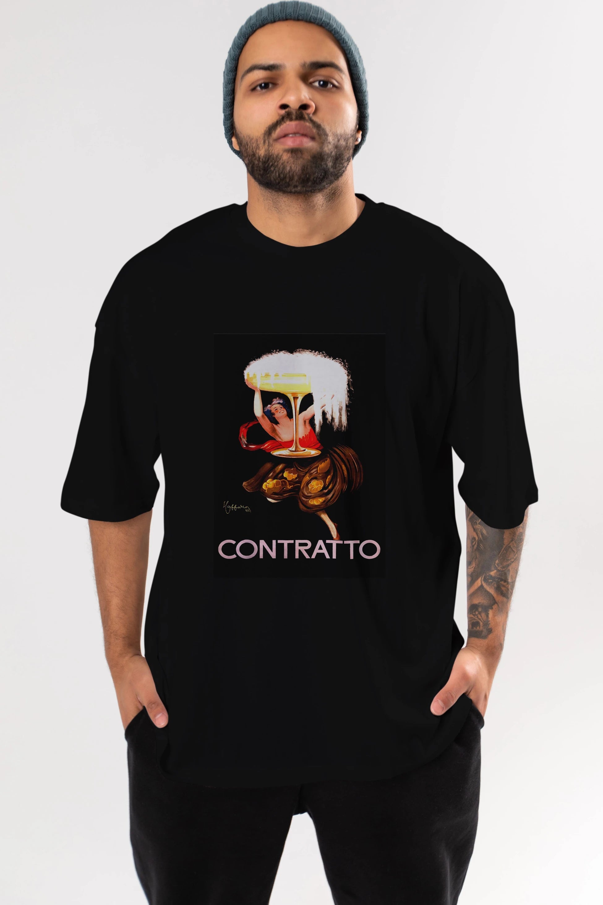 Contratto Ön Baskılı Oversize t-shirt Erkek Kadın Unisex %100 Pamuk Bisiklet Yaka tişort