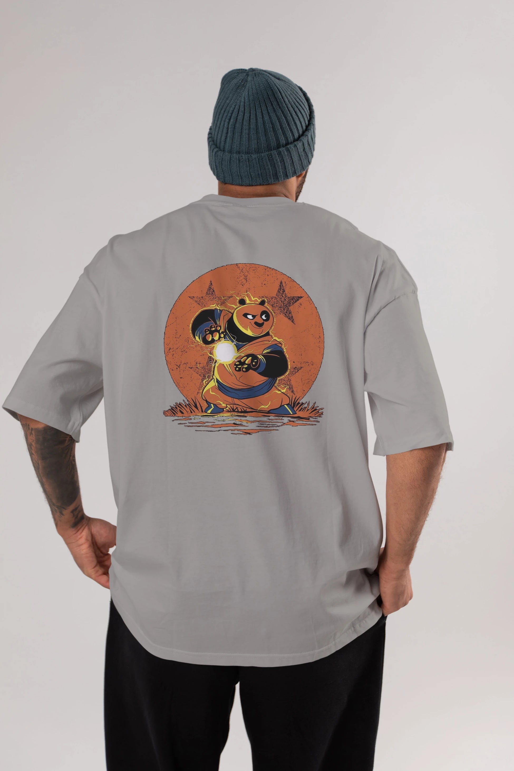 Kung Fu Panda Arka Baskılı Oversize t-shirt Erkek Kadın Unisex %100 Pamuk Bisiklet Yaka tişort