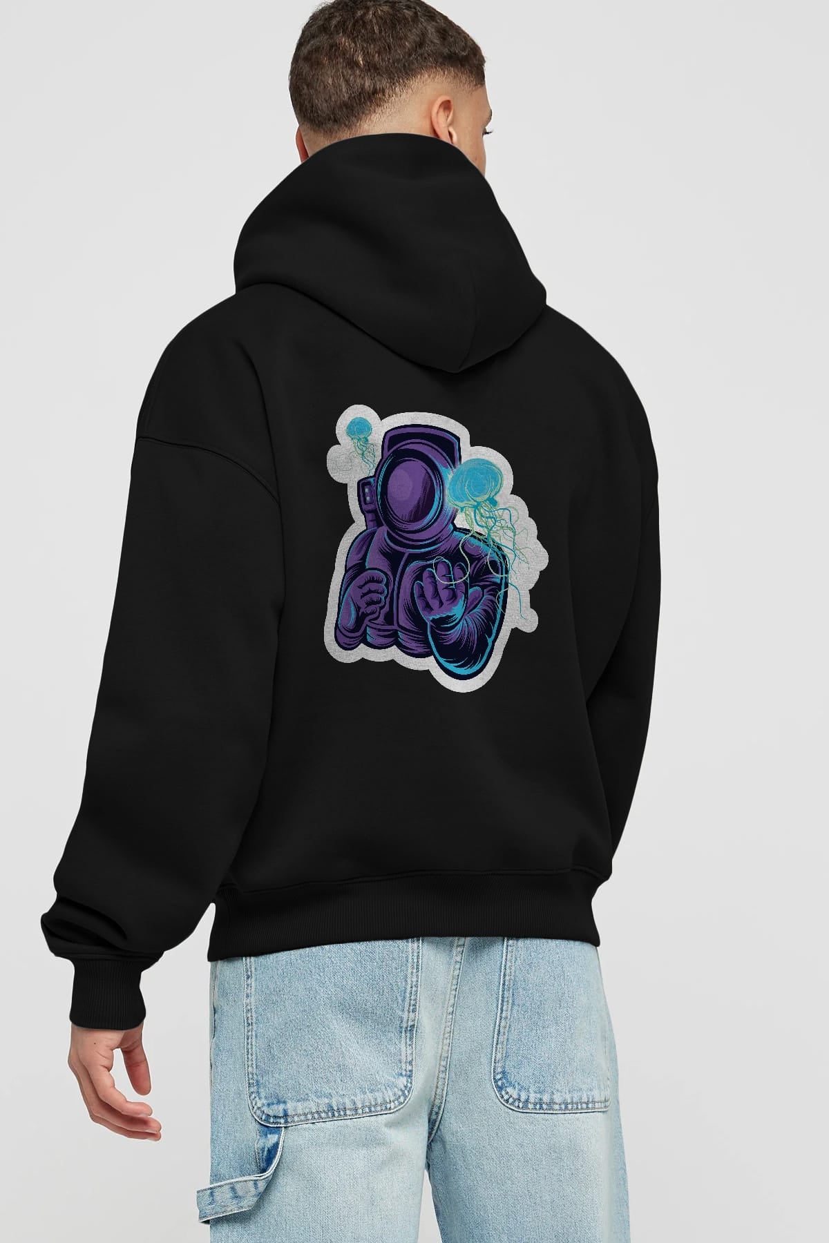Astronaut and Jellyfish Sticker Arka Baskılı Hoodie Oversize Kapüşonlu Sweatshirt Erkek Kadın Unisex