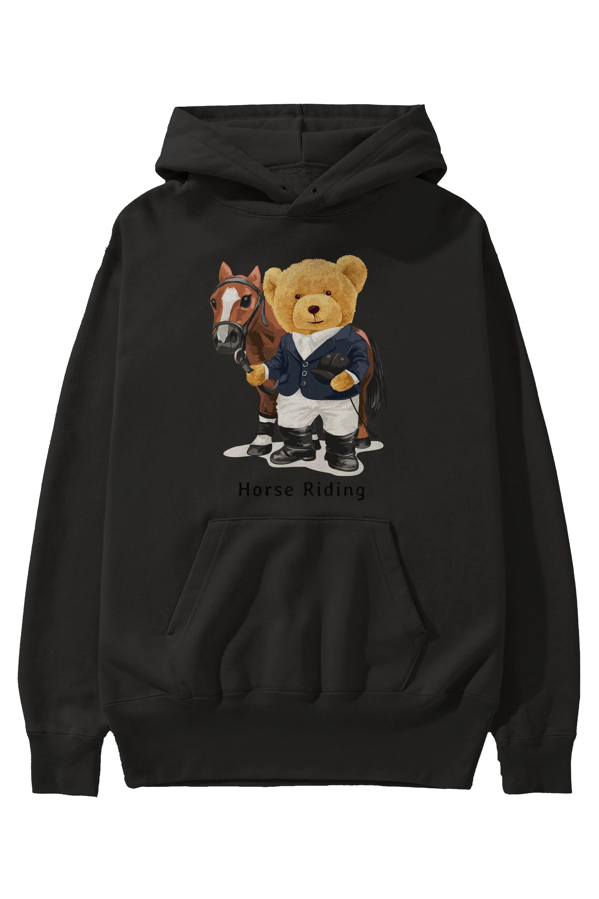 Teddy Bear Horse Riding Ön Baskılı Hoodie Oversize Kapüşonlu Sweatshirt Erkek Kadın Unisex