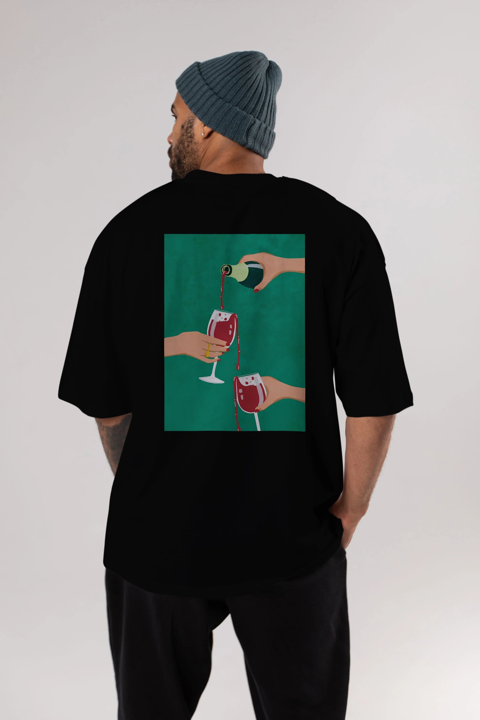 Wine 2 Arka Baskılı Oversize t-shirt Erkek Kadın Unisex %100 Pamuk Bisiklet Yaka tişort