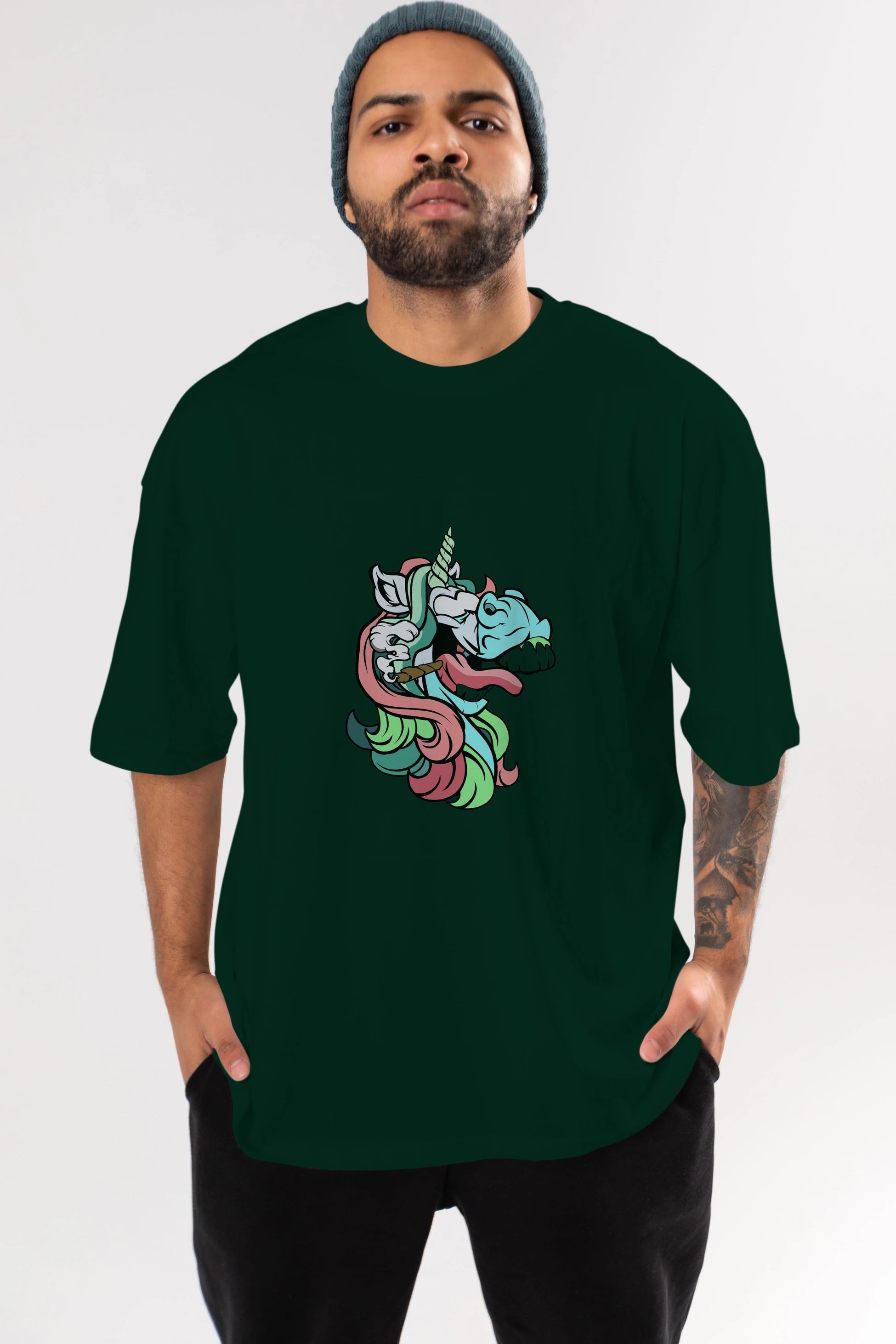 Crazy Unicorn Ön Baskılı Oversize t-shirt Erkek Kadın Unisex %100 Pamuk tişort