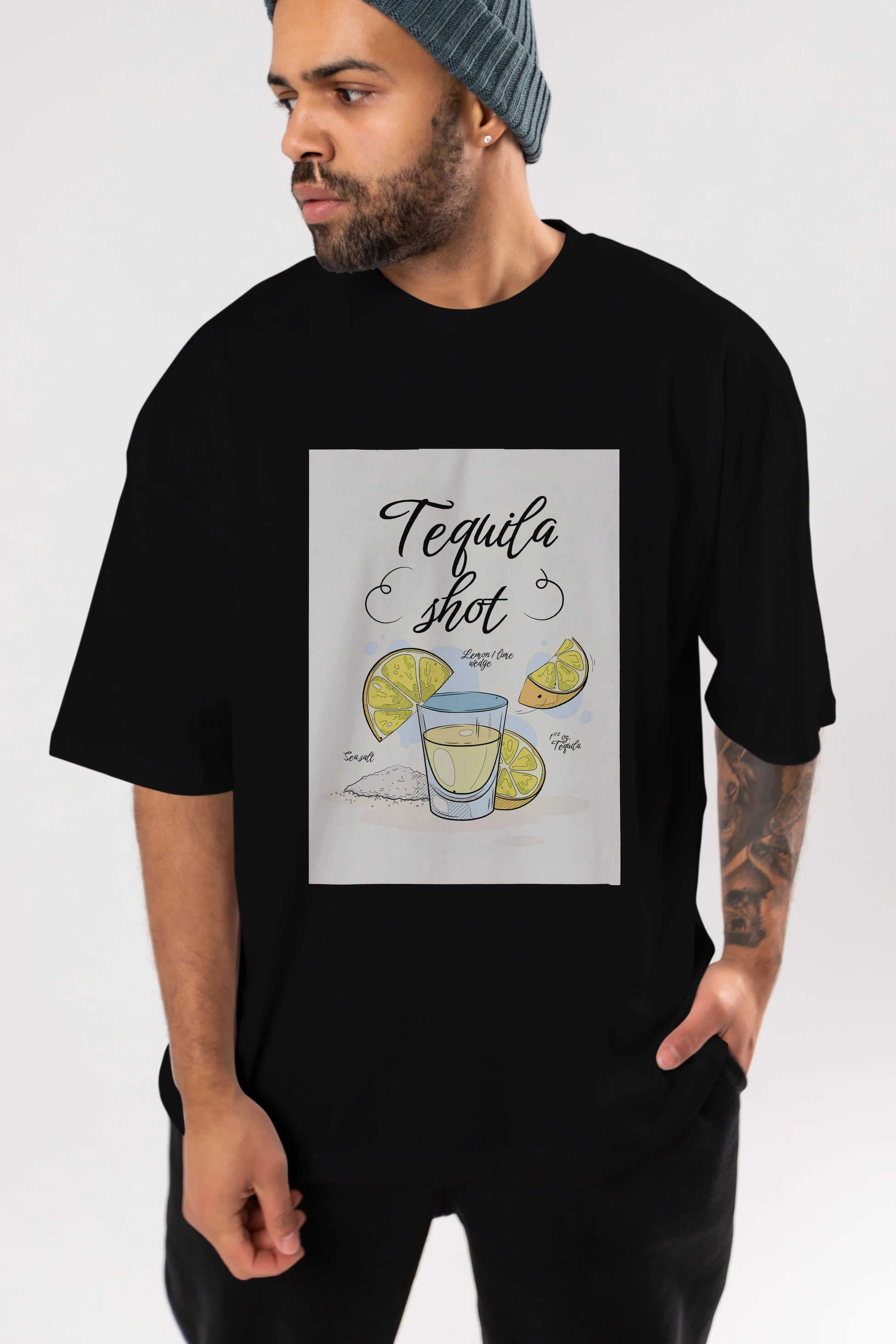 Tequila Shot Ön Baskılı Oversize t-shirt Erkek Kadın Unisex %100 Pamuk Bisiklet Yaka tişort