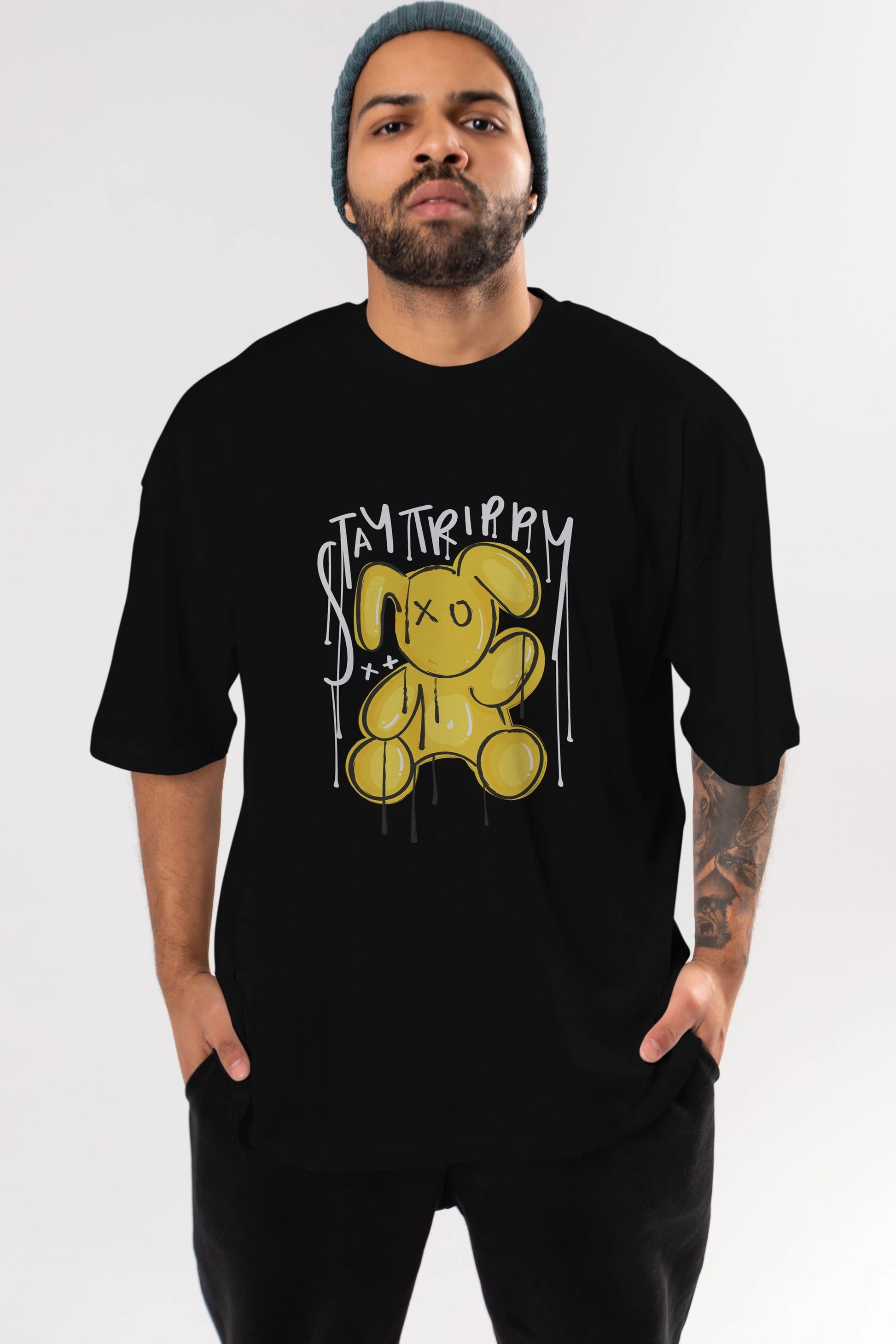 Stay Trippy Bear Ön Baskılı Oversize t-shirt Erkek Kadın Unisex