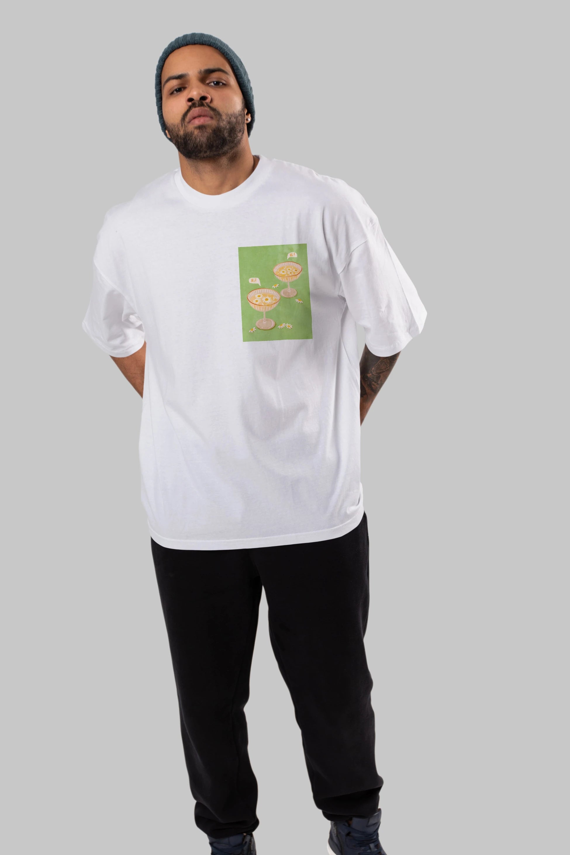 Hi Cheers Ön Sol Baskılı Oversize t-shirt Erkek Kadın Unisex %100 Pamuk Bisiklet Yaka tişort