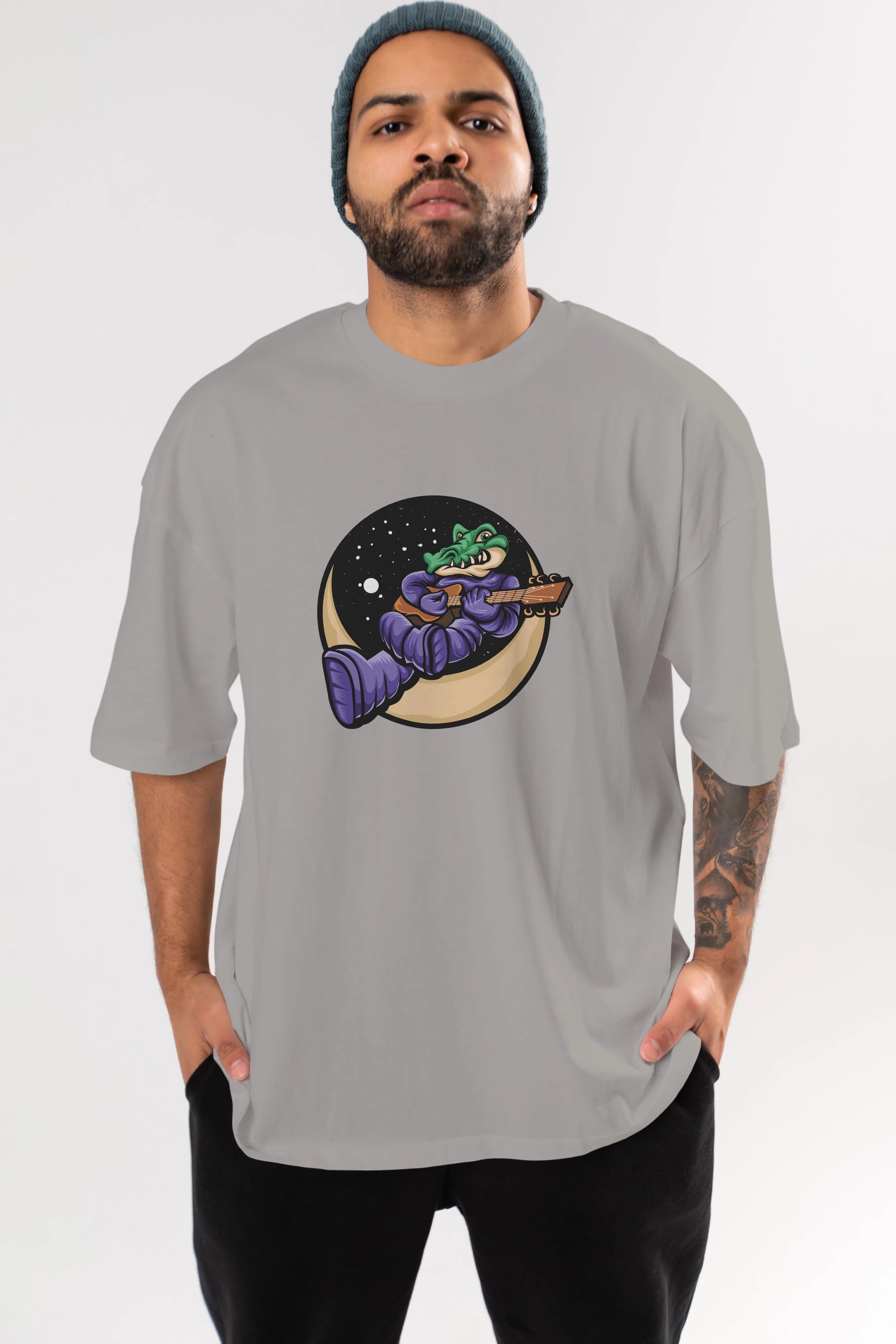 Space Crocodile Ön Baskılı Oversize t-shirt Erkek Kadın Unisex