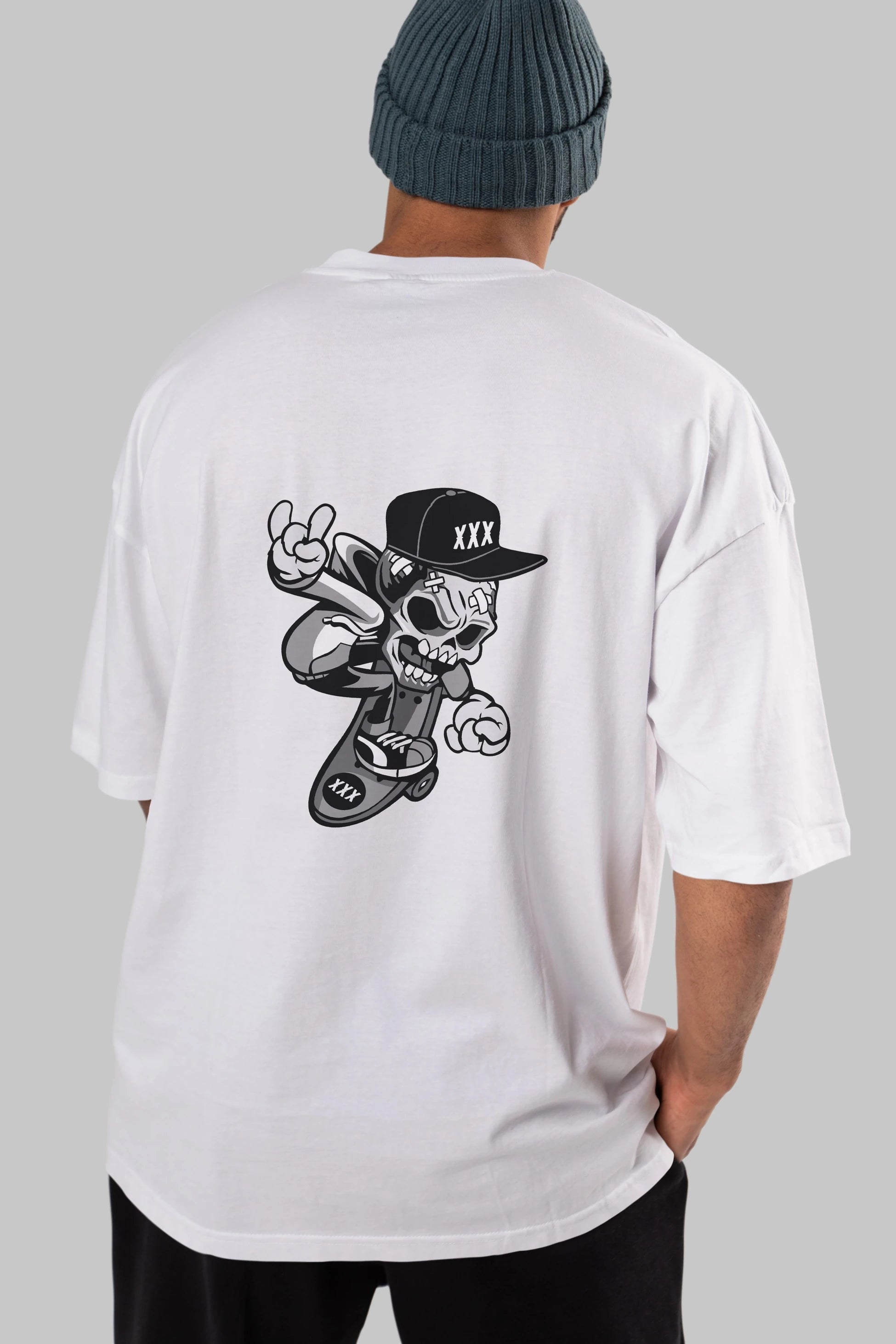 Skull Skateboard Arka Baskılı Oversize t-shirt Erkek Kadın Unisex %100 Pamuk tişort