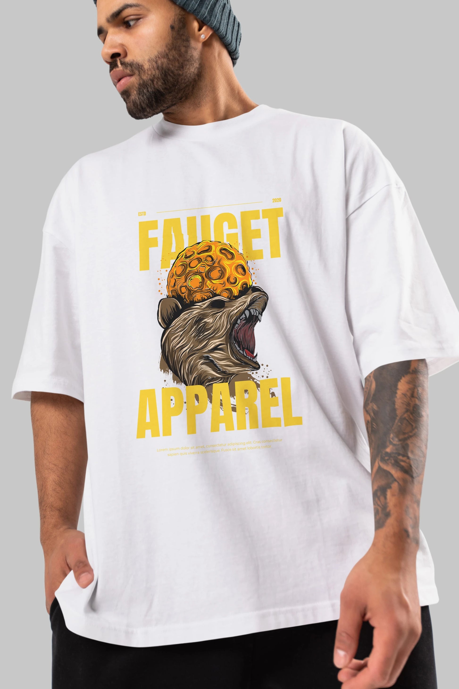 Bear Angry Fauget Apparel Ön Baskılı Oversize t-shirt Erkek Kadın Unisex