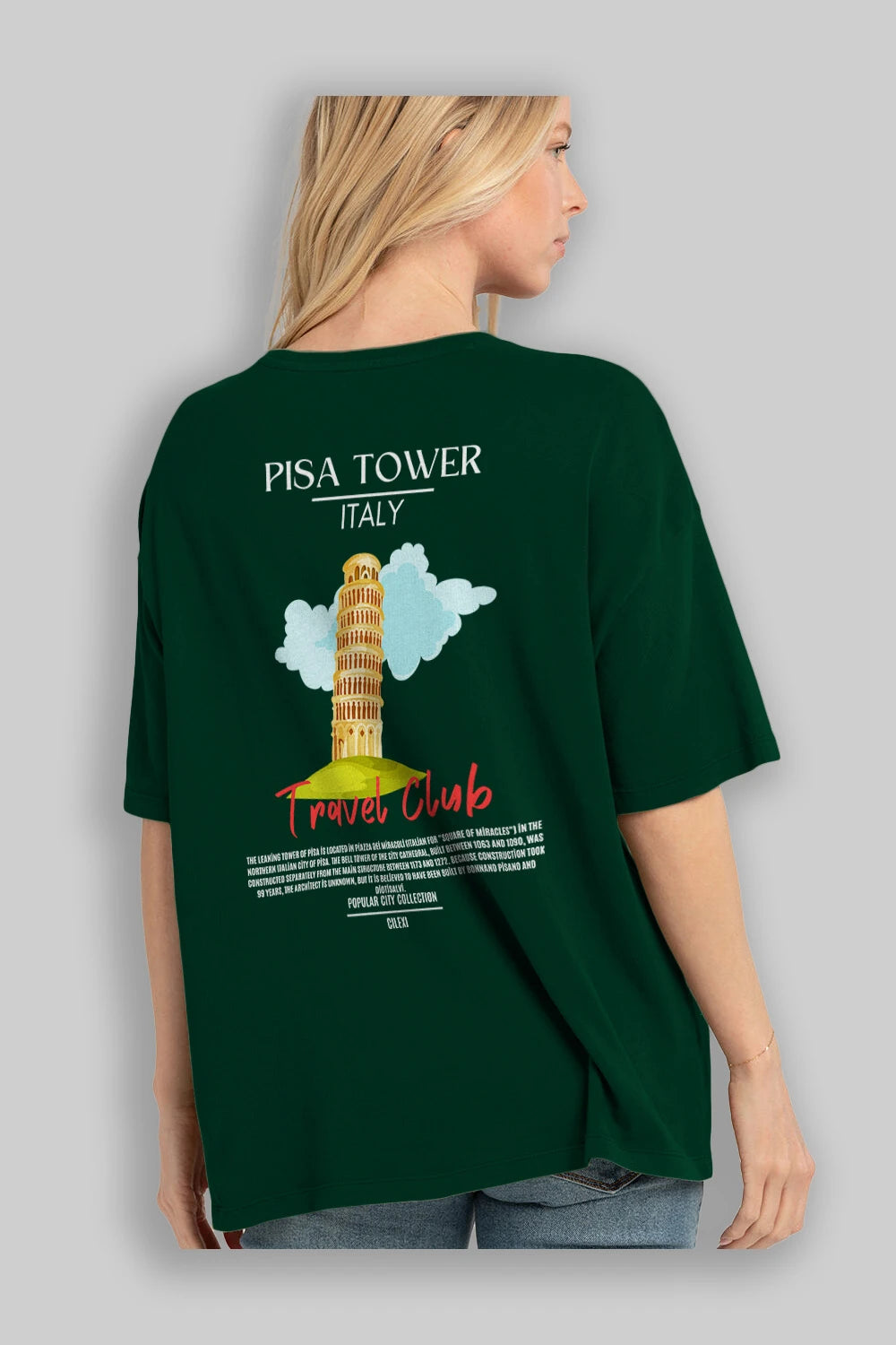 Pisa Tower İtaly Arka Baskılı Oversize t-shirt Erkek Kadın Pamuk Bisiklet Yaka tişort