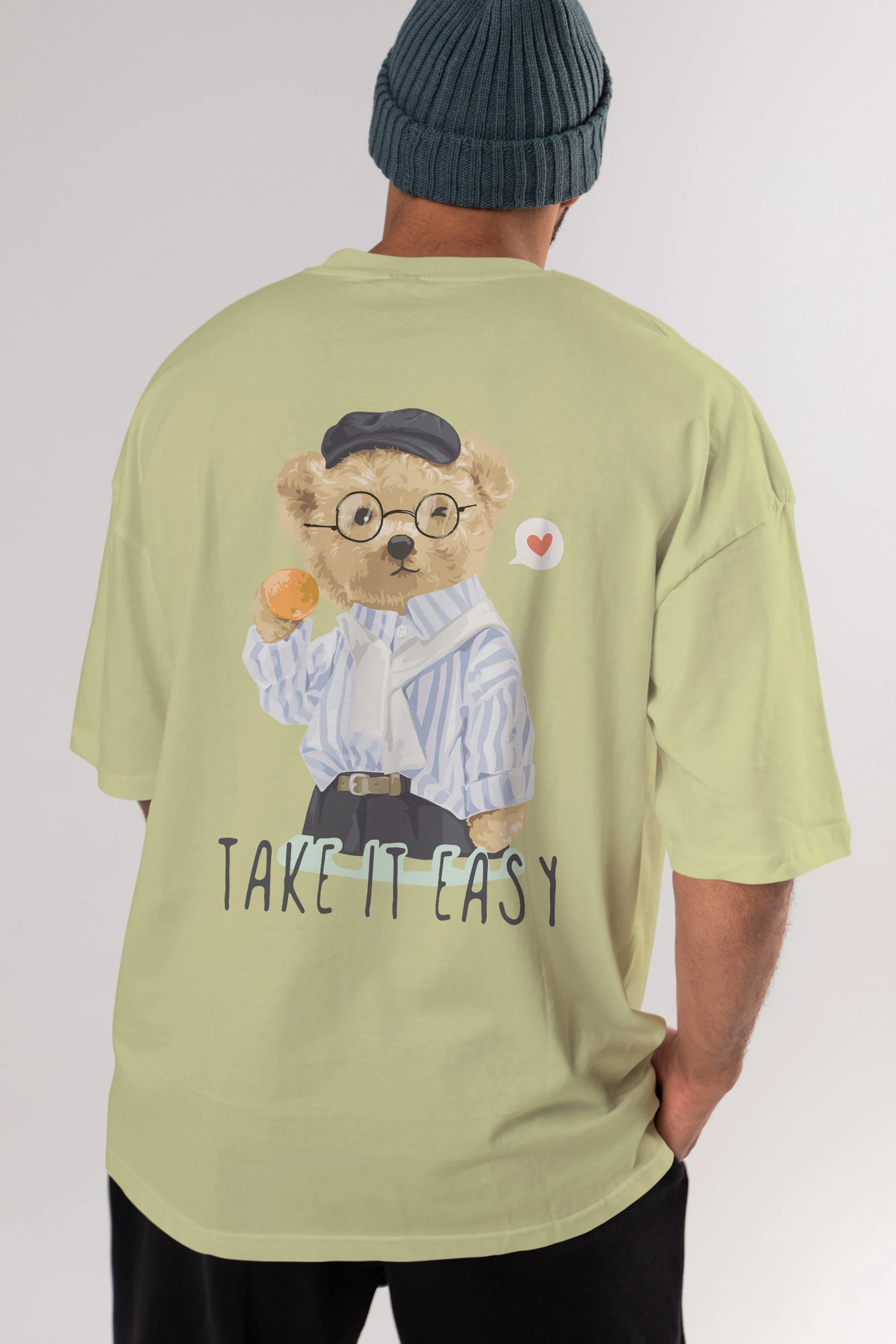 Teddy Bear Take it Easy Arka Baskılı Oversize t-shirt Erkek Kadın Unisex %100 Pamuk