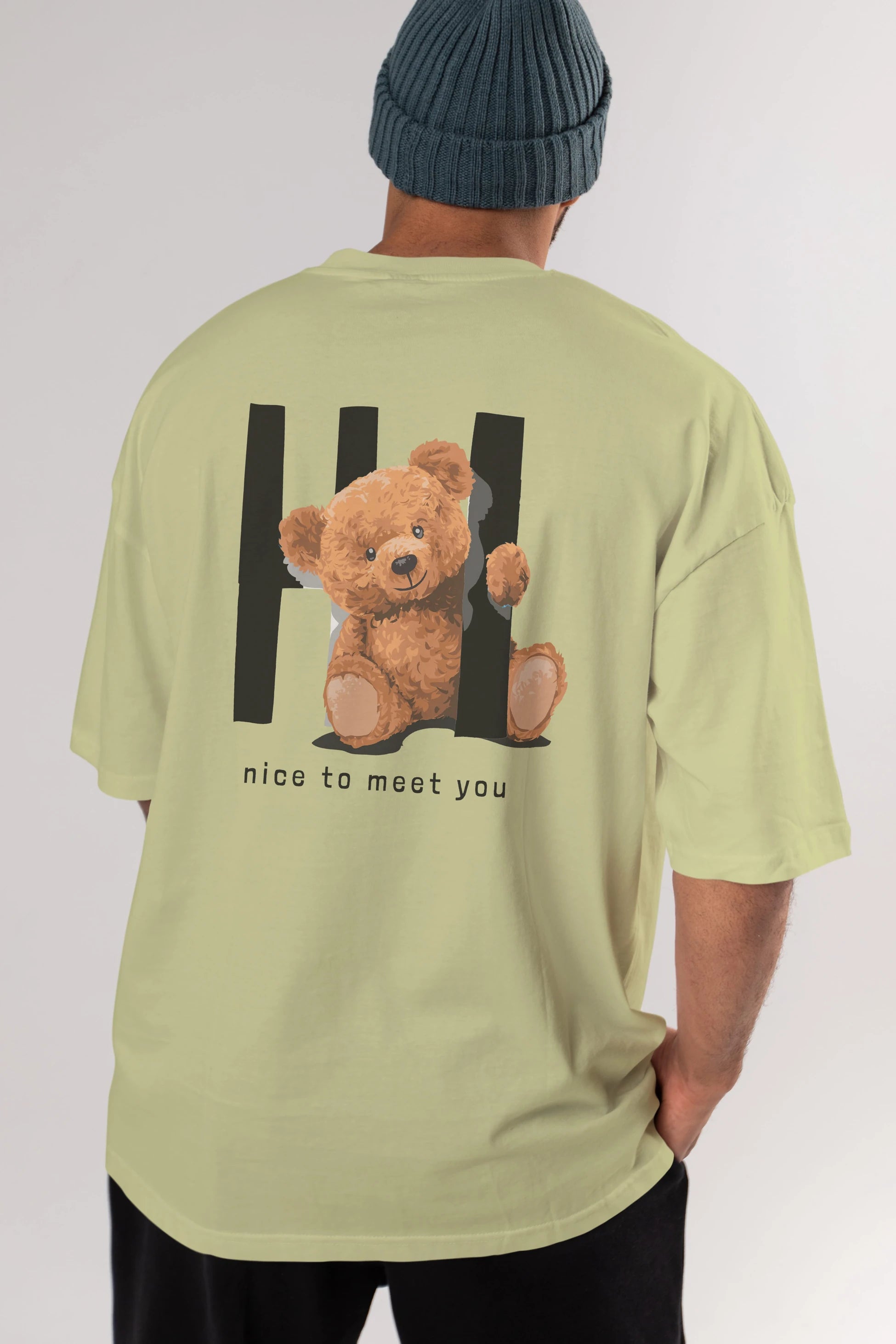 Teddy Bear Hi Nice To Meet You Arka Baskılı Oversize t-shirt Erkek Kadın Unisex %100 Pamuk