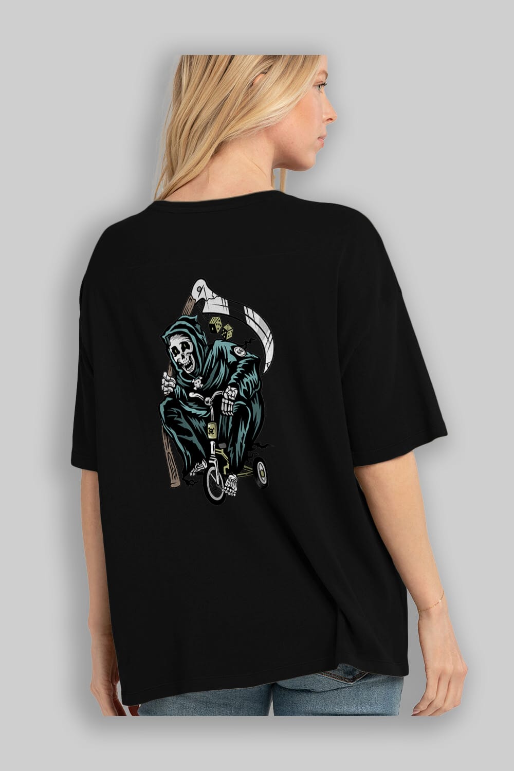 Grim Reaper Bicycle Arka Baskılı Oversize t-shirt Erkek Kadın Unisex %100 Pamuk tişort