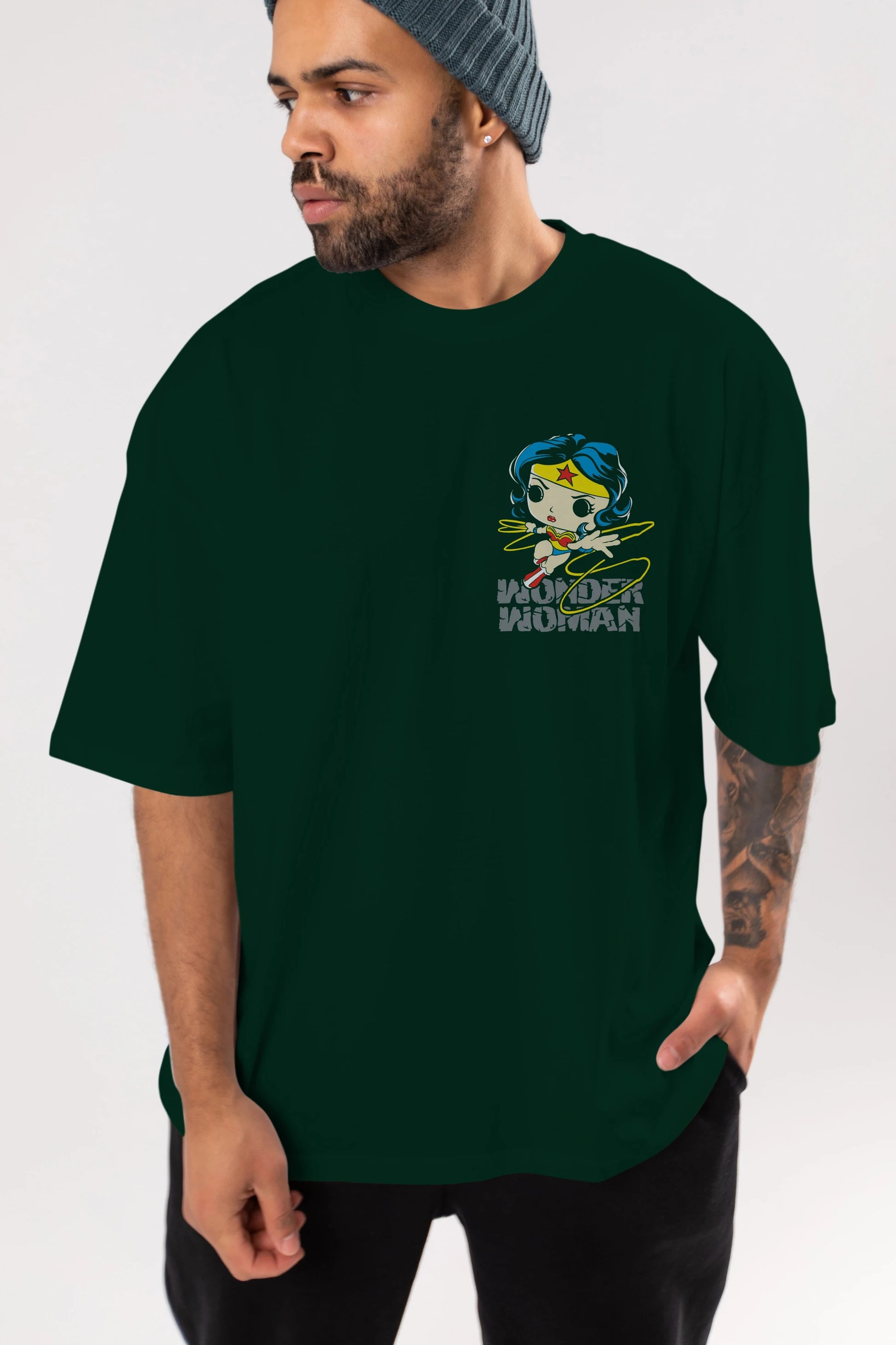 Wonder Woman Ön Sol Baskılı Oversize t-shirt Erkek Kadın Unisex %100 Pamuk Bisiklet Yaka tişort