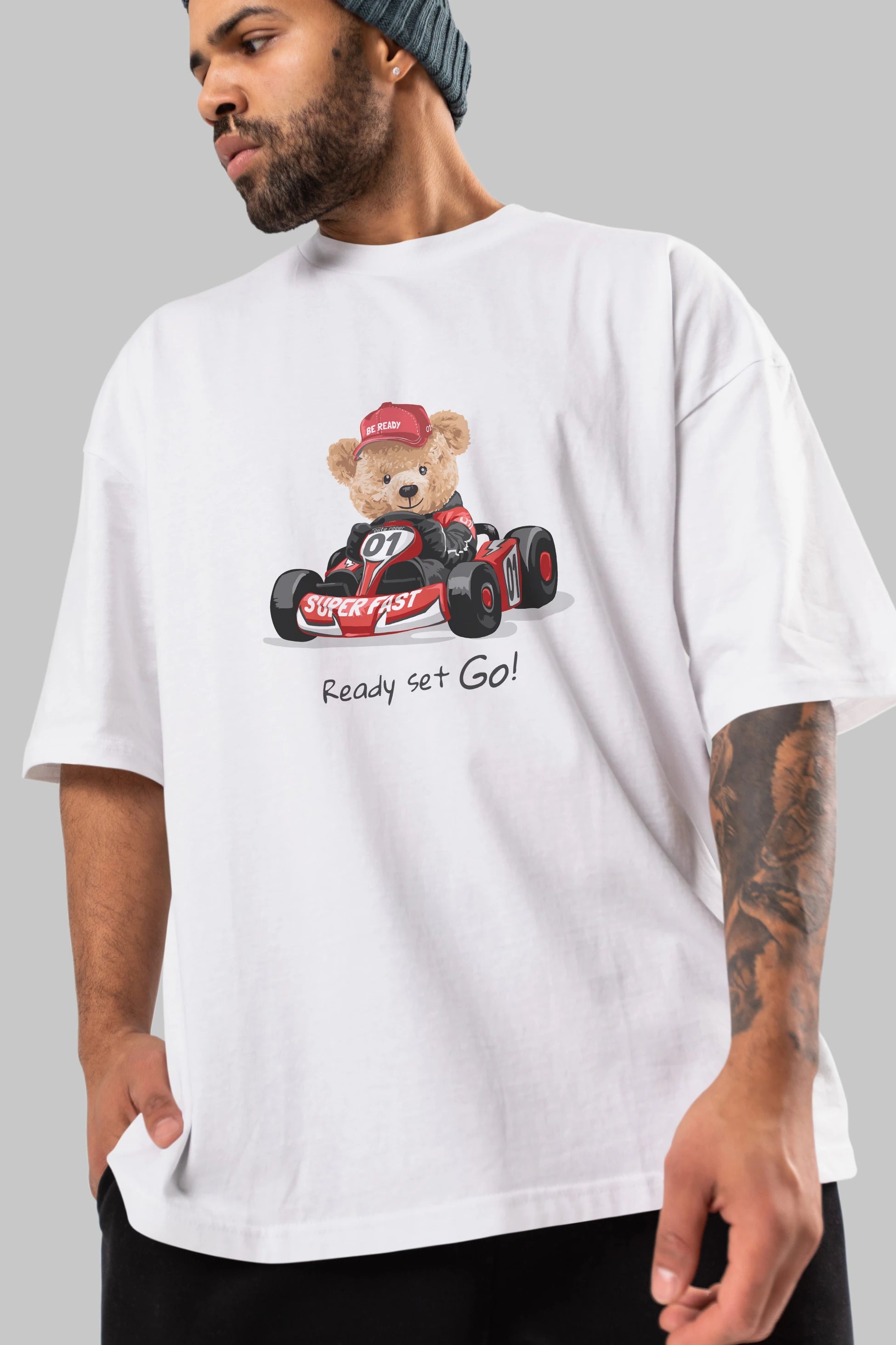Teddy Bear Ready Set Go Ön Baskılı Oversize t-shirt Erkek Kadın Unisex %100 Pamuk