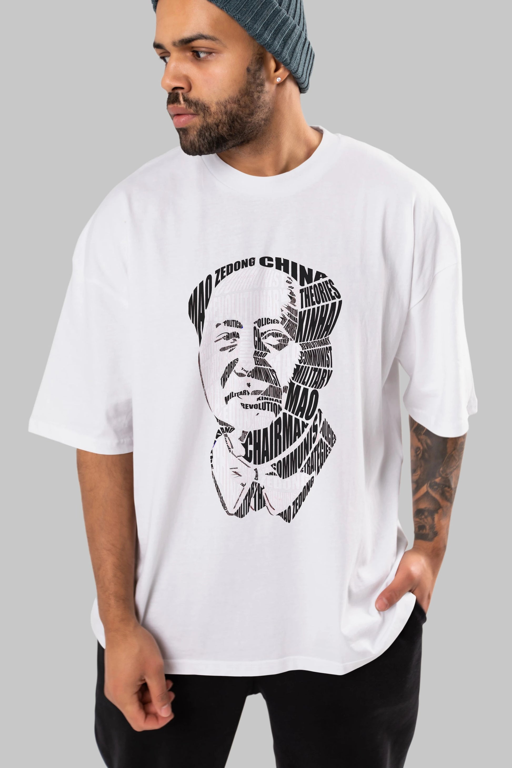 Mao Zedong Calligram Ön Baskılı Oversize t-shirt %100 pamuk Erkek Kadın Unisex
