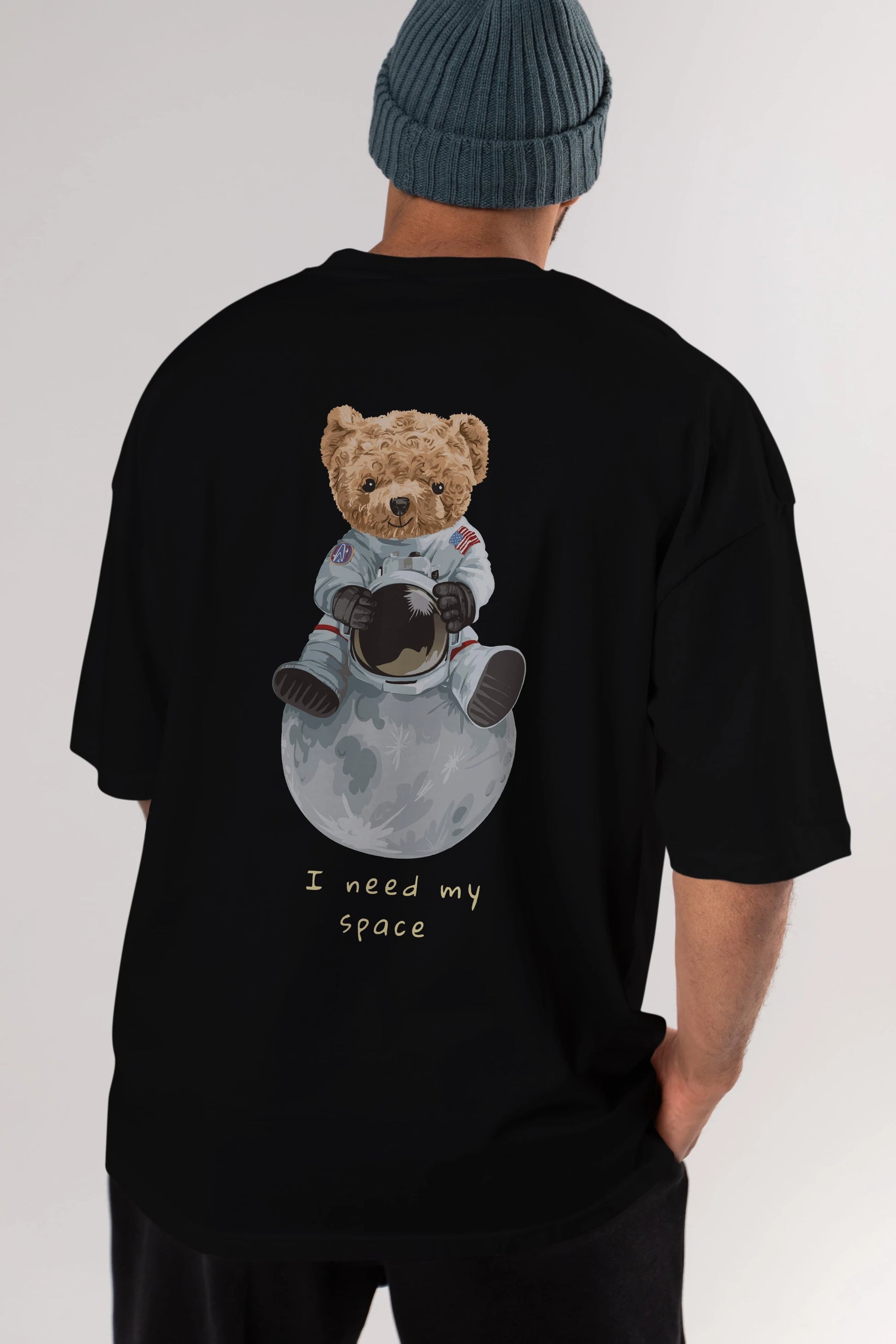 Teddy Bear I Need My Space Arka Baskılı Oversize t-shirt Erkek Kadın Unisex %100 Pamuk